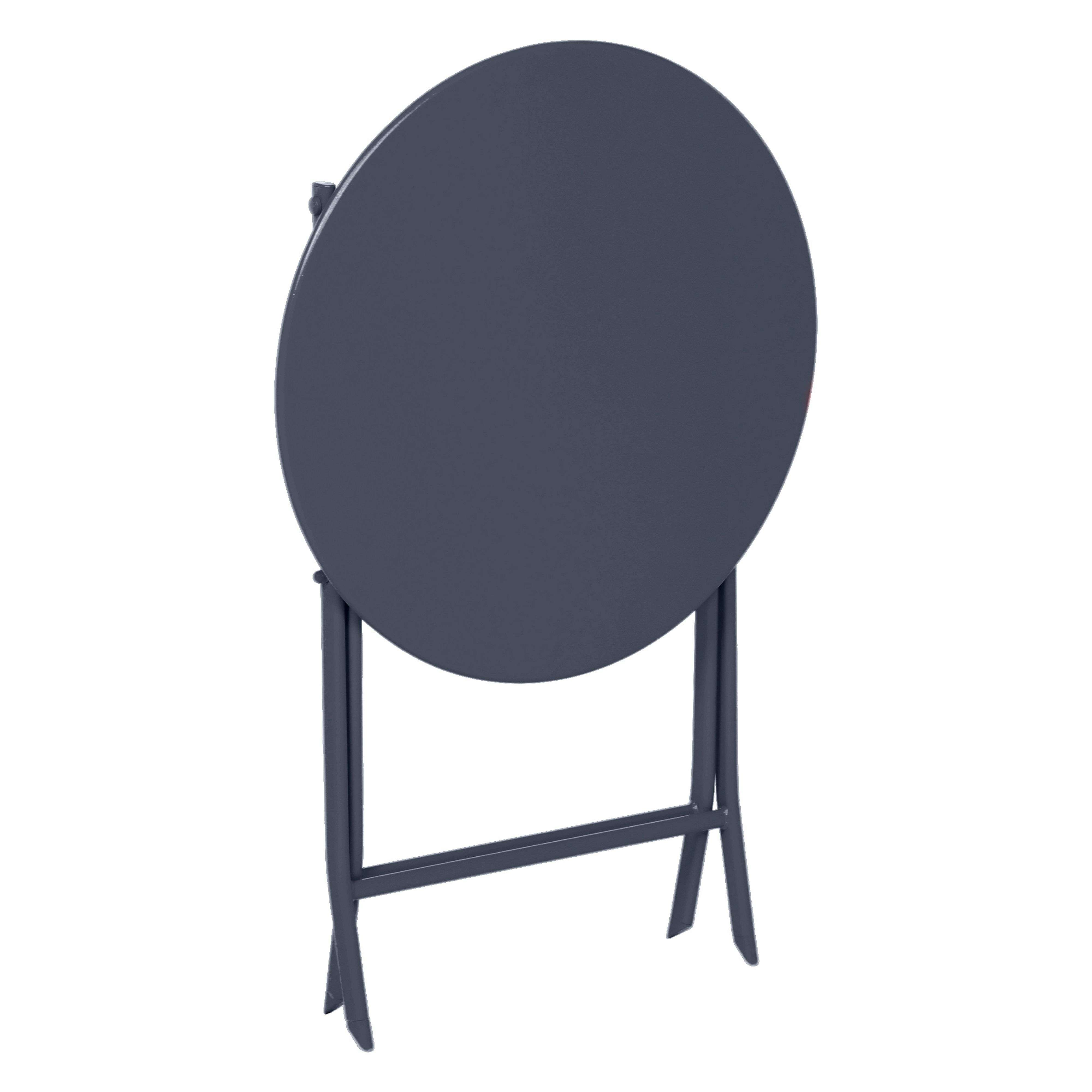 Una mesa plegable redonda de metal gris oscuro sobre fondo blanco.