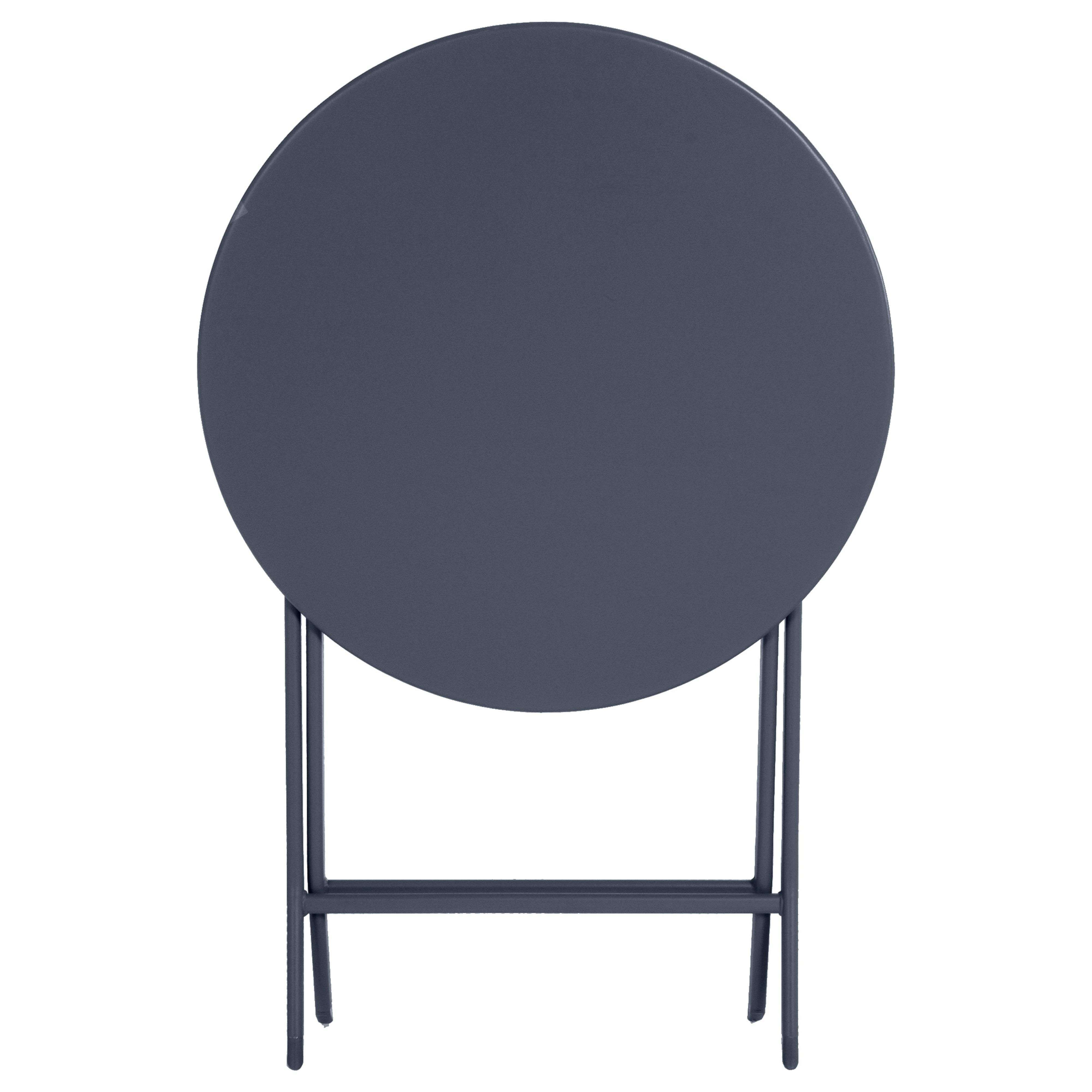 Una mesa redonda plegable gris oscuro con patas de metal sobre fondo blanco.