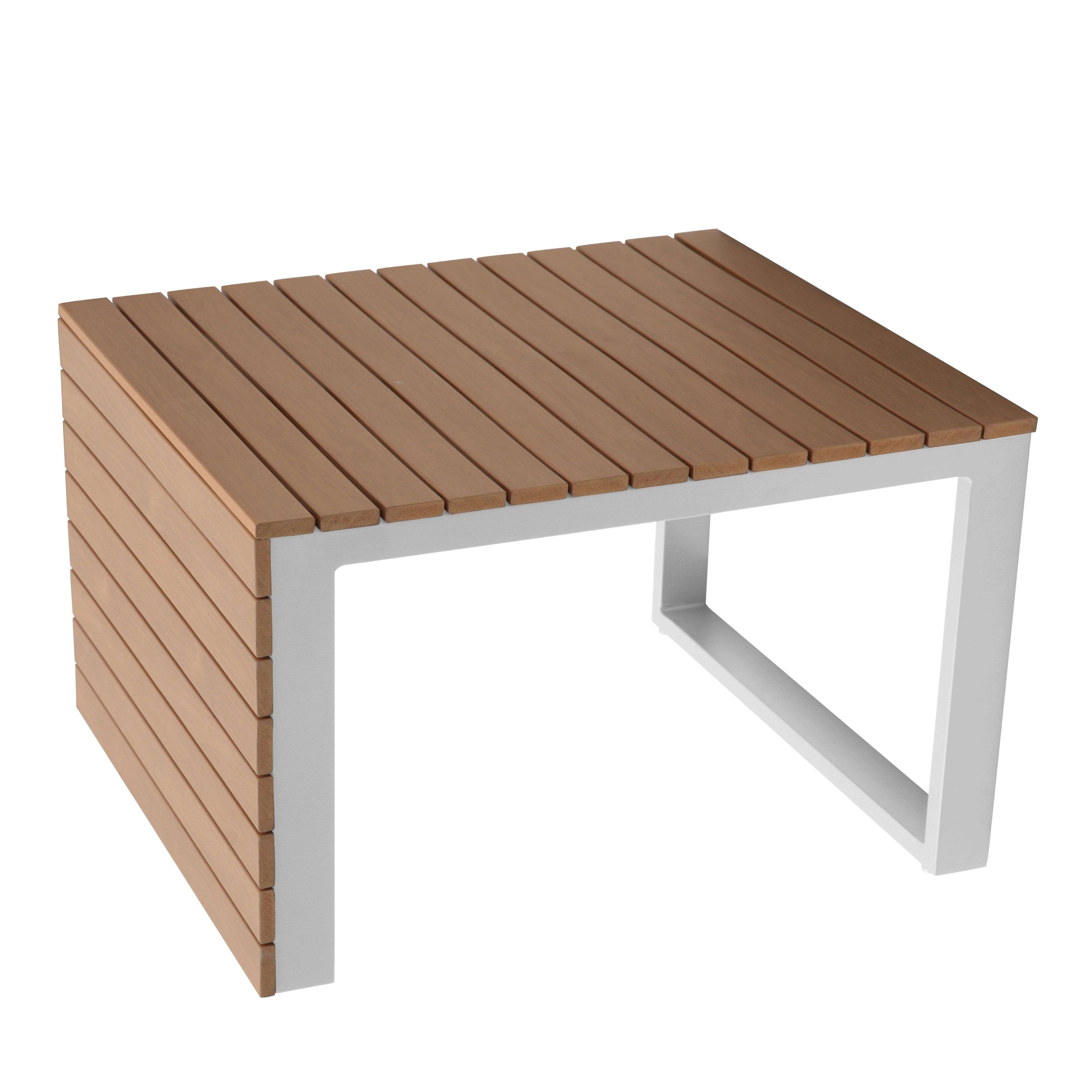 Mesa rectangular con tapa de listones de madera y marco de metal blanco.