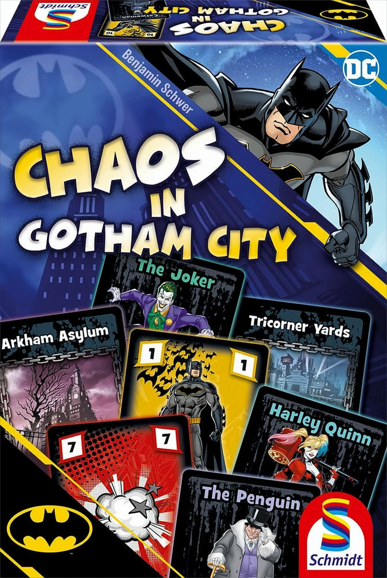 Batman-Spielbox mit Charakterkarten: Joker, Harley Quinn, Penguin.