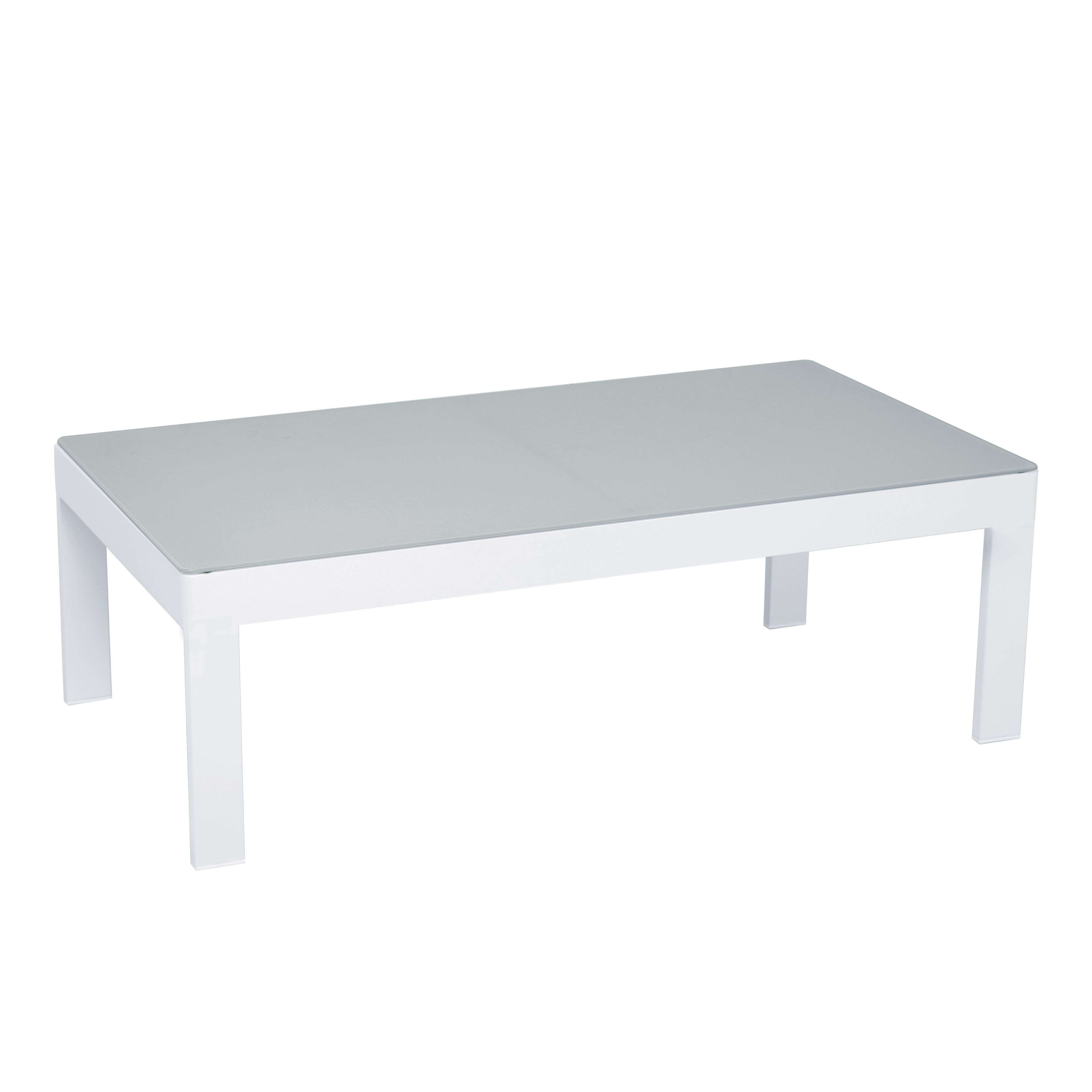 Una mesa de centro blanca moderna con tapa de cristal gris claro.