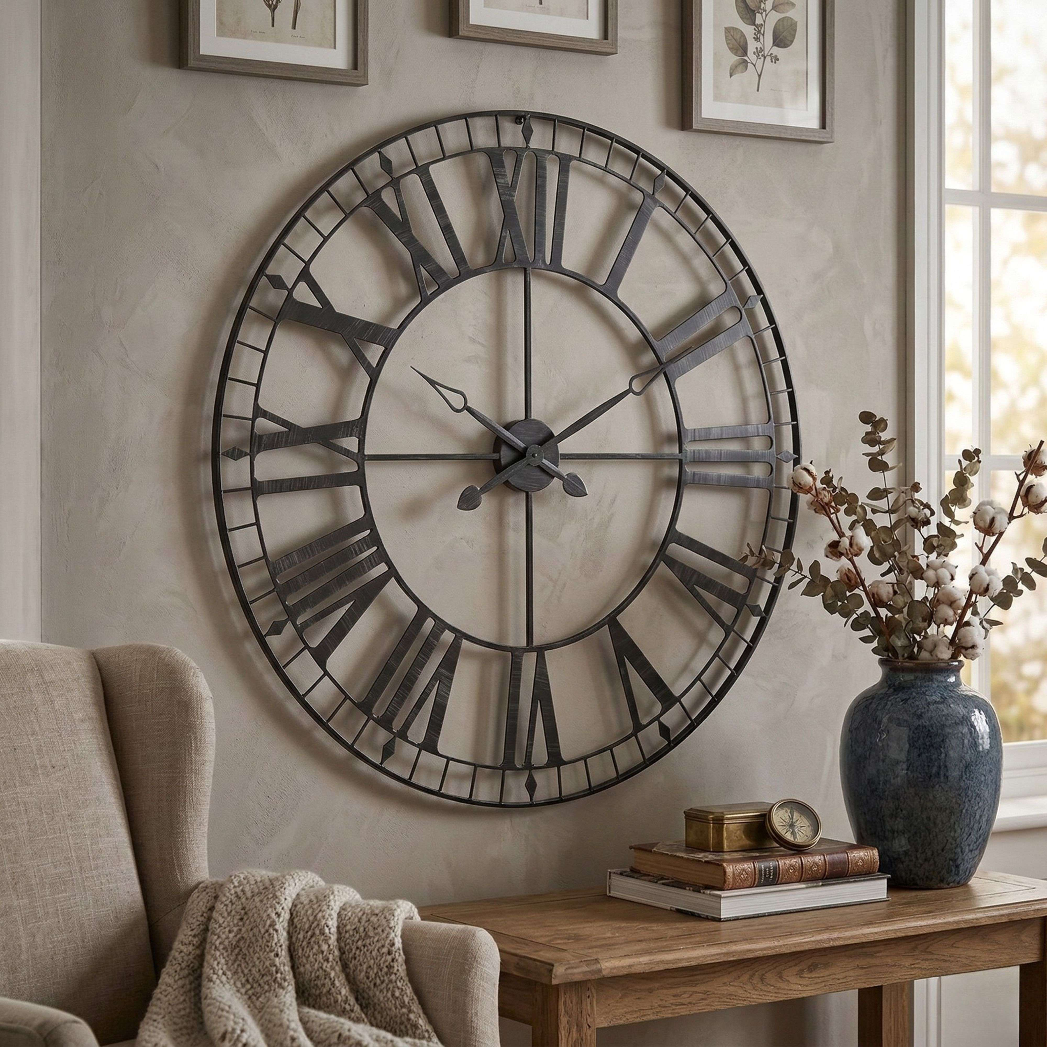Gran reloj de pared con números romanos, sillón y mesa decorativa al lado.