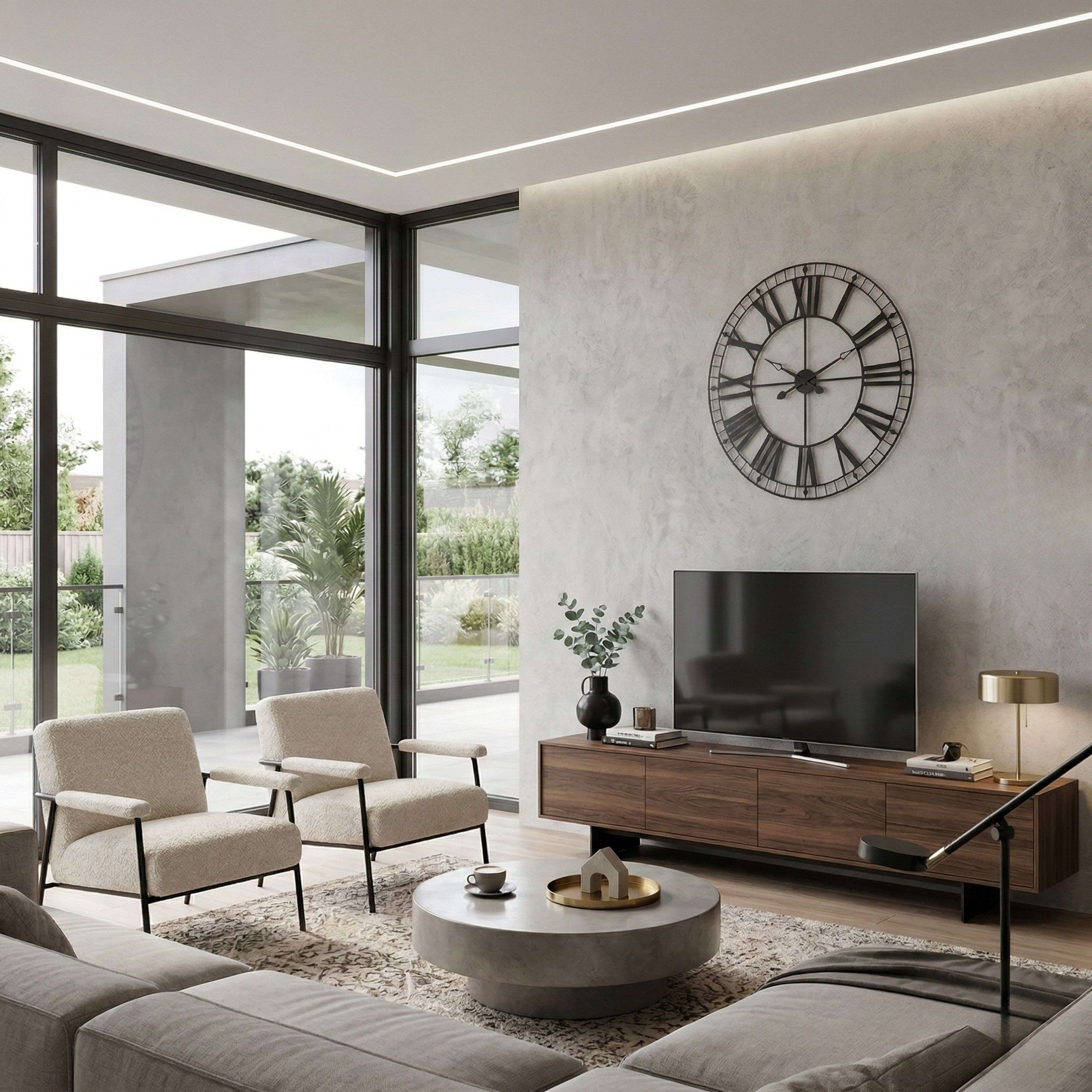 Una sala de estar moderna con dos sillones beige, una mesa de centro redonda de hormigón y un sofá.