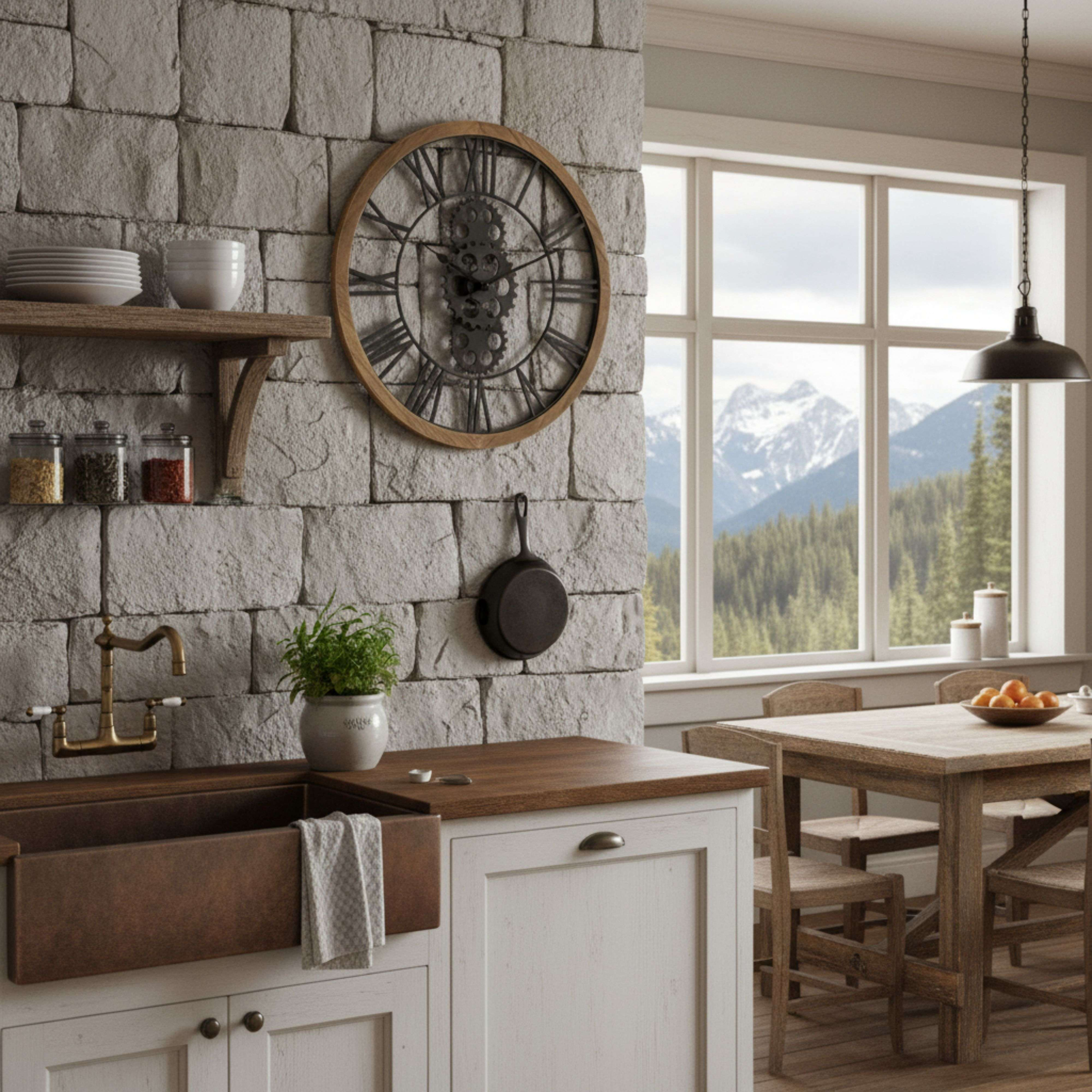Cocina rústica con pared de piedra, mesa de madera, fregadero de cobre y vista a la montaña.