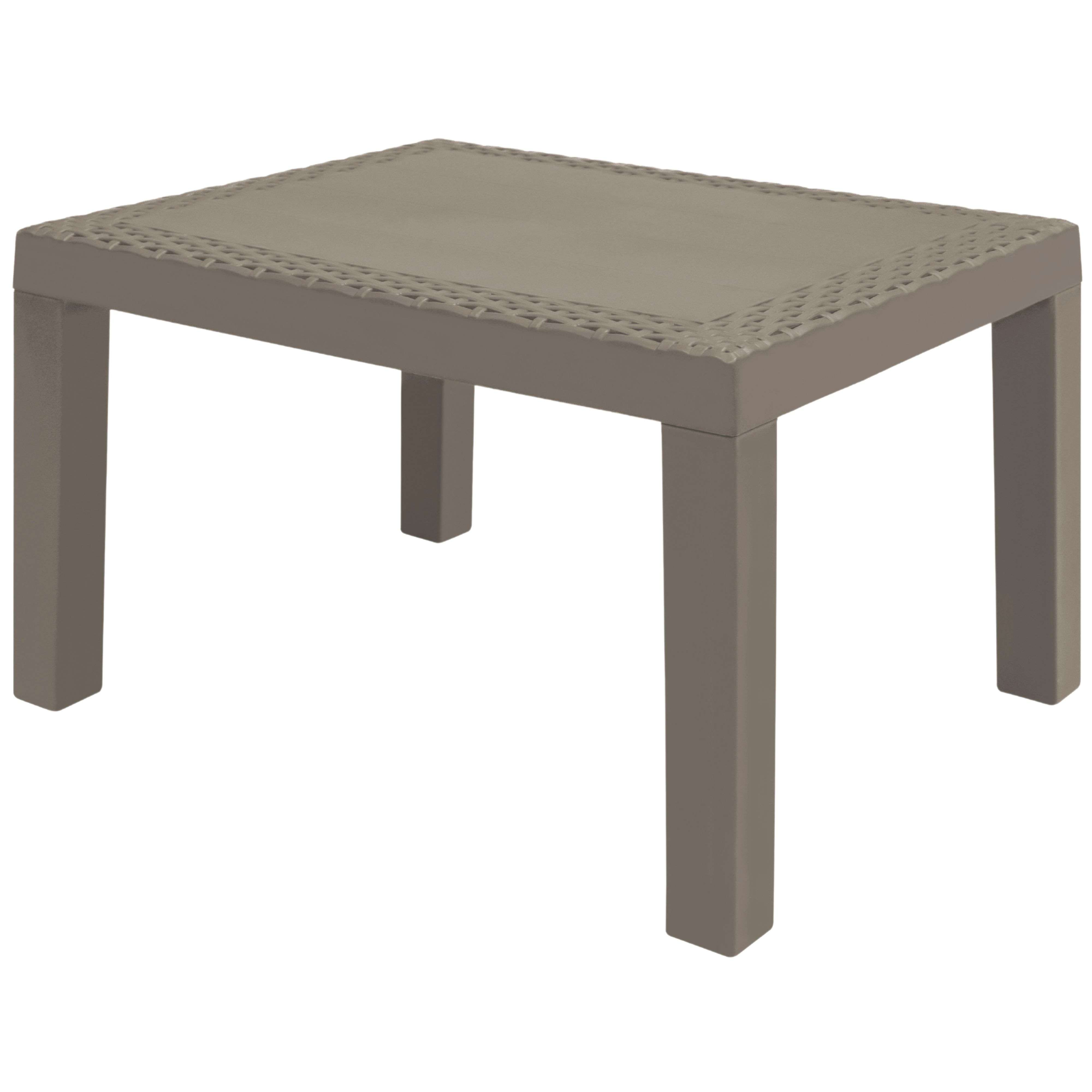 Una mesa de plástico gris con tapa rectangular y cuatro patas.