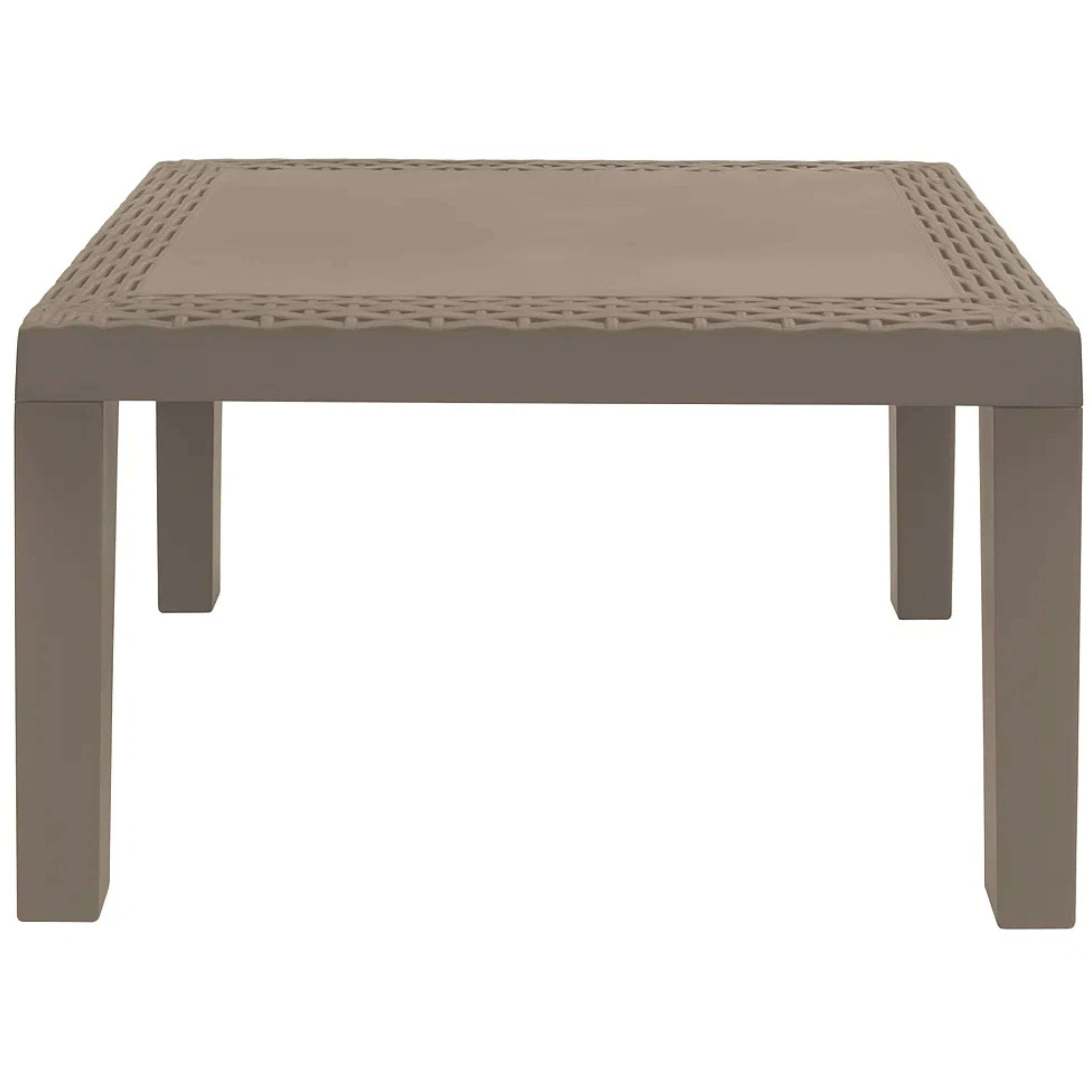 Una mesa rectangular marrón con cuatro patas y un patrón tejido.