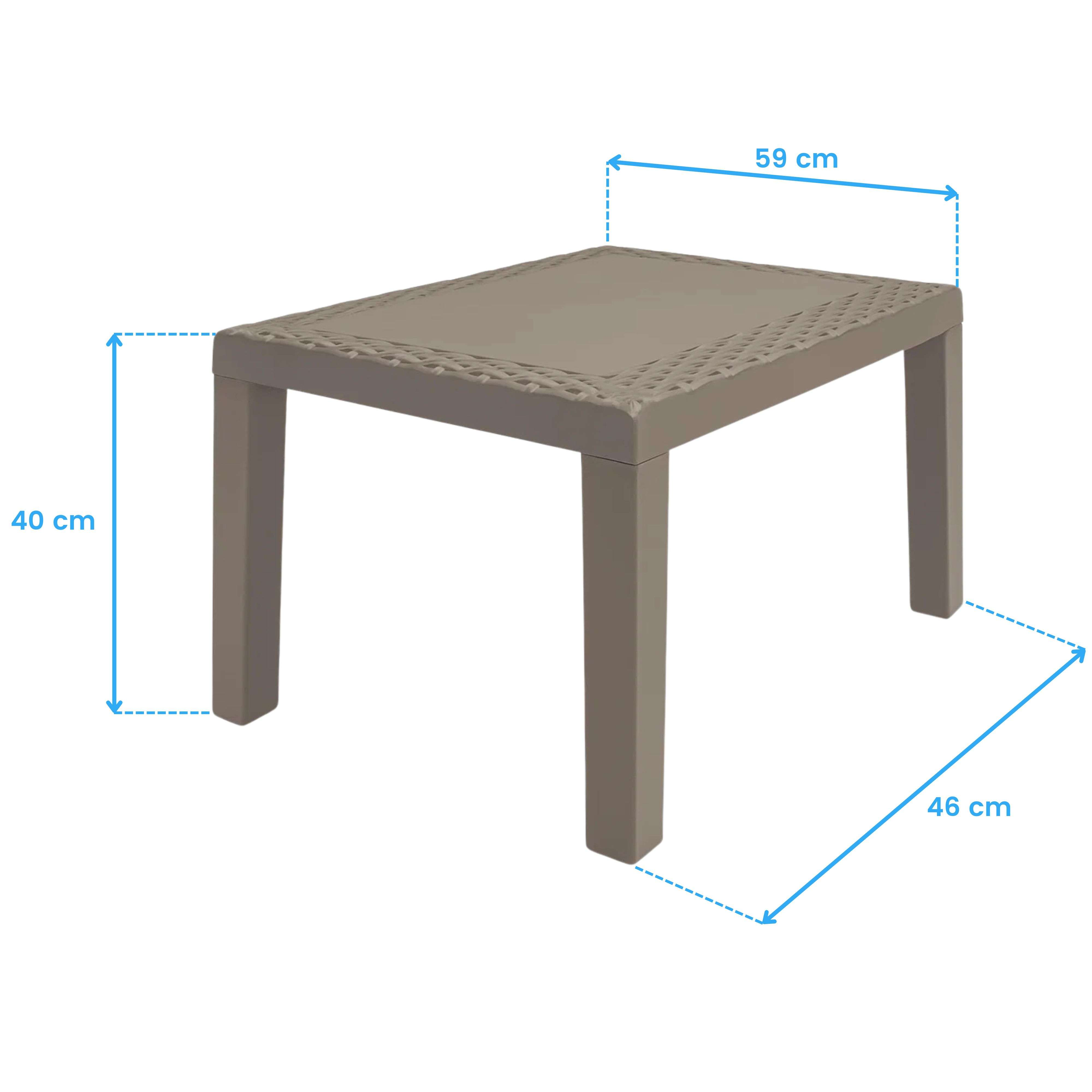 Una mesa de plástico gris de 59x46x40 cm.