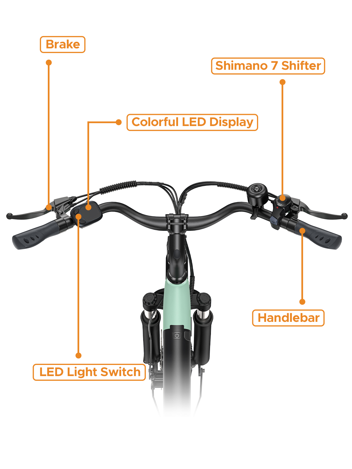 Manubrio bicicletta con freni, cambio, display e interruttore luce.