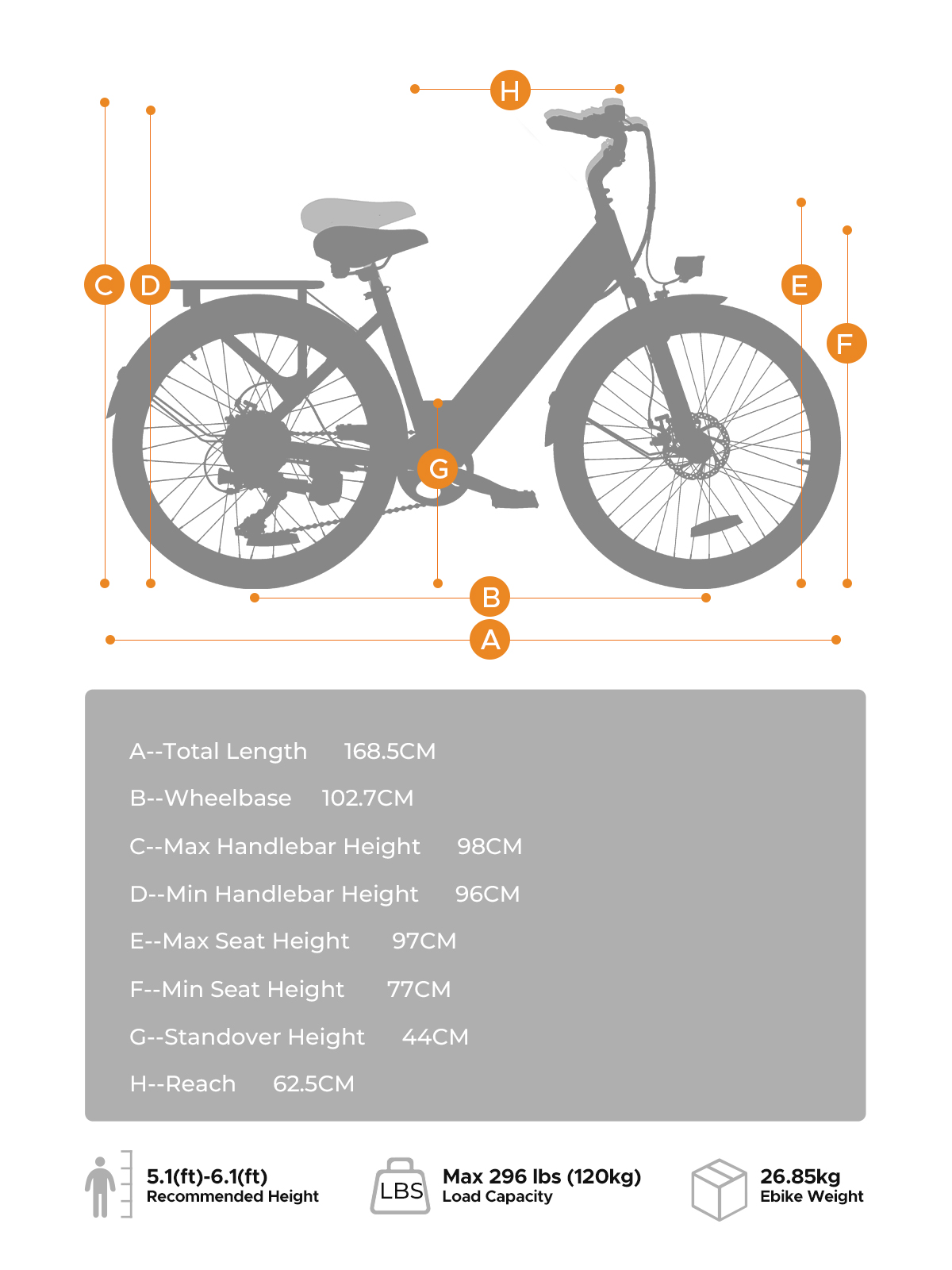 Illustrazione di una bicicletta elettrica con dimensioni e specifiche.