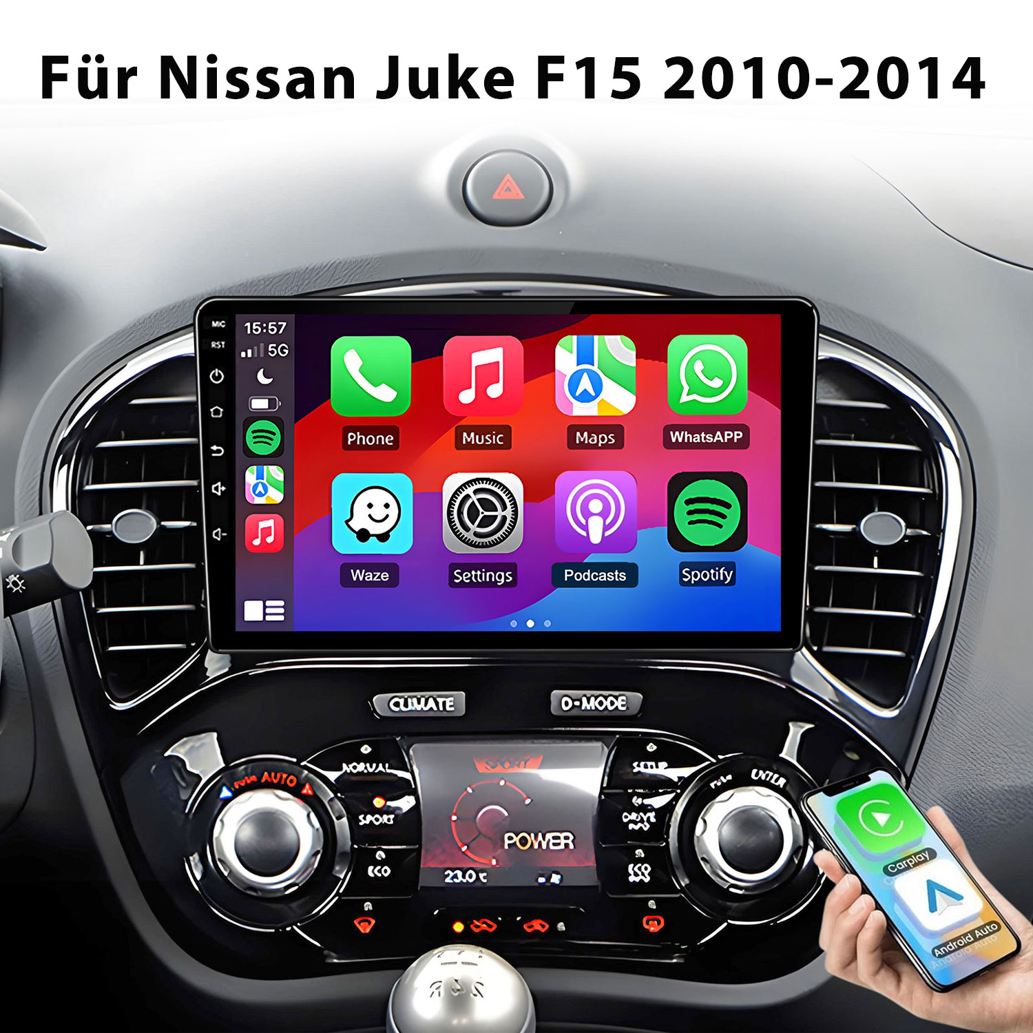 Ein Auto-Infotainmentsystem mit App-Symbolen auf dem Bildschirm. Eine Hand hält ein Smartphone.