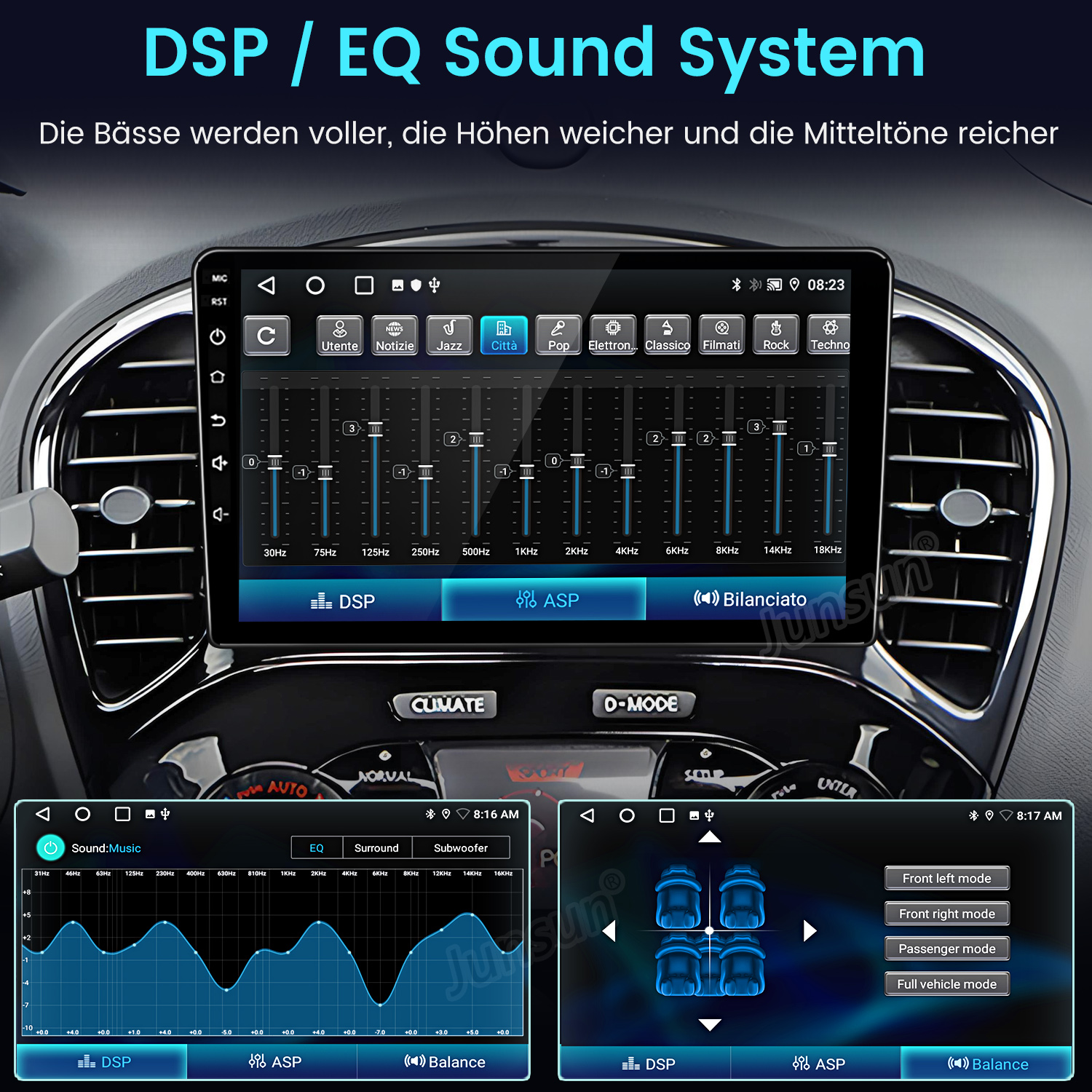 Ein Auto-Infotainmentsystem mit DSP/EQ-Einstellungen, Equalizer-Balken und Lautsprechereinstellungen.
