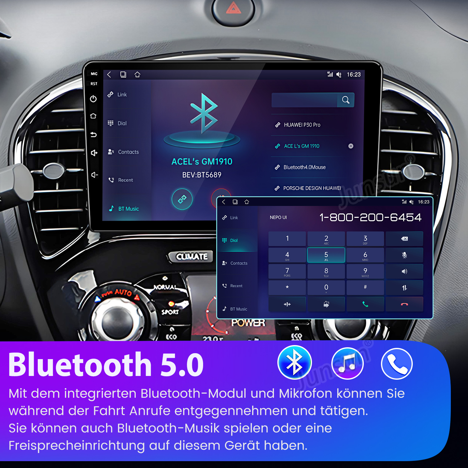 Ein Auto-Infotainmentsystem mit Bluetooth-Verbindungen, Ziffernblock und Text.