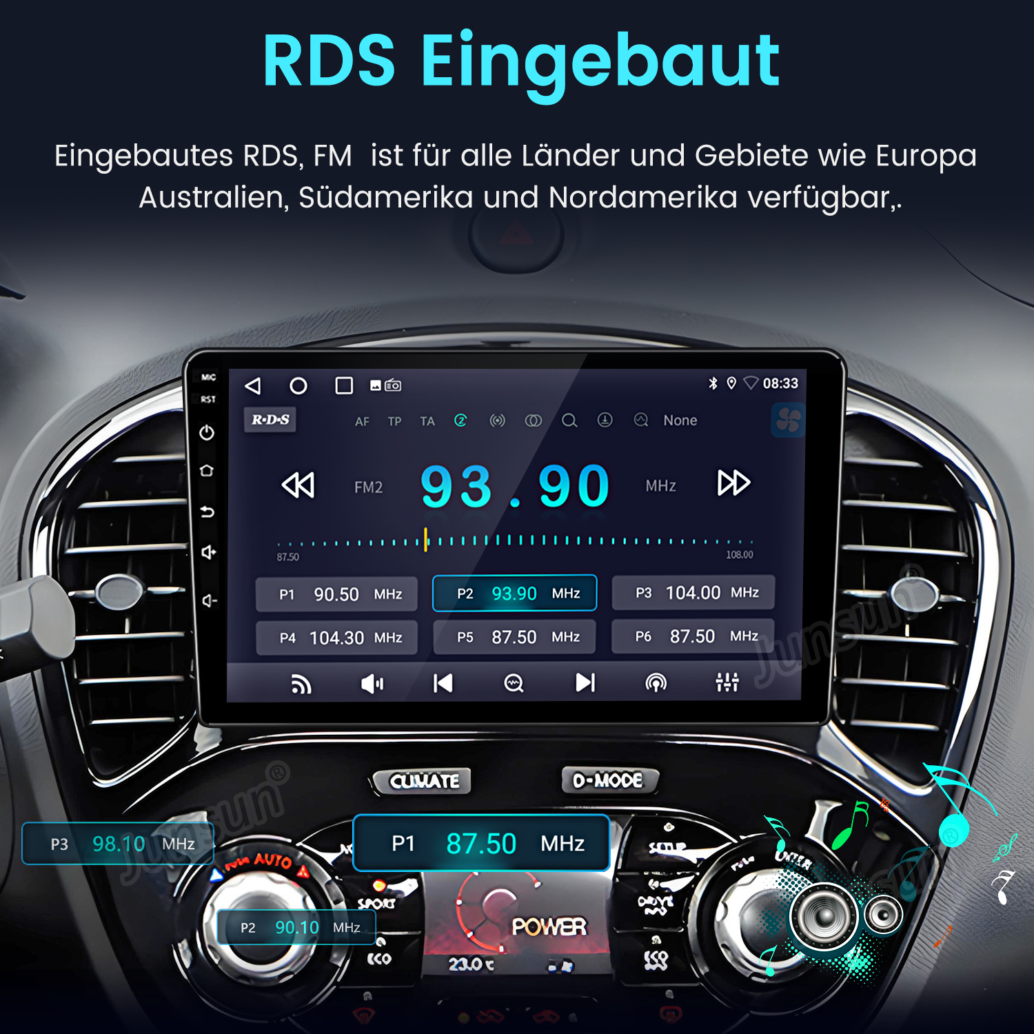 Ein Autoradio-Bildschirm zeigt FM2 mit 93.90 MHz und gespeicherte Sender.