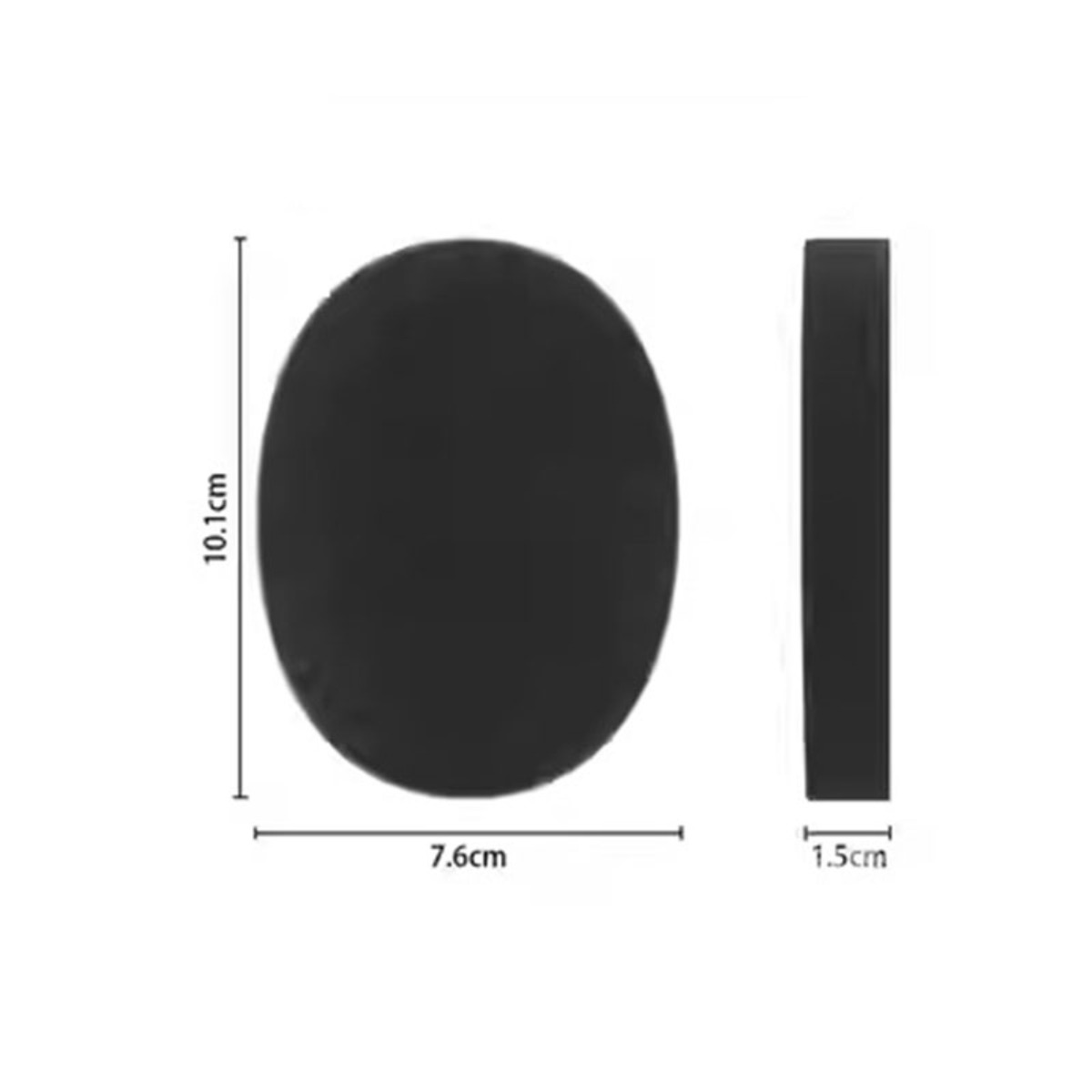 Oggetto rotondo nero, alto 10,1 cm, largo 7,6 cm, spesso 1,5 cm.