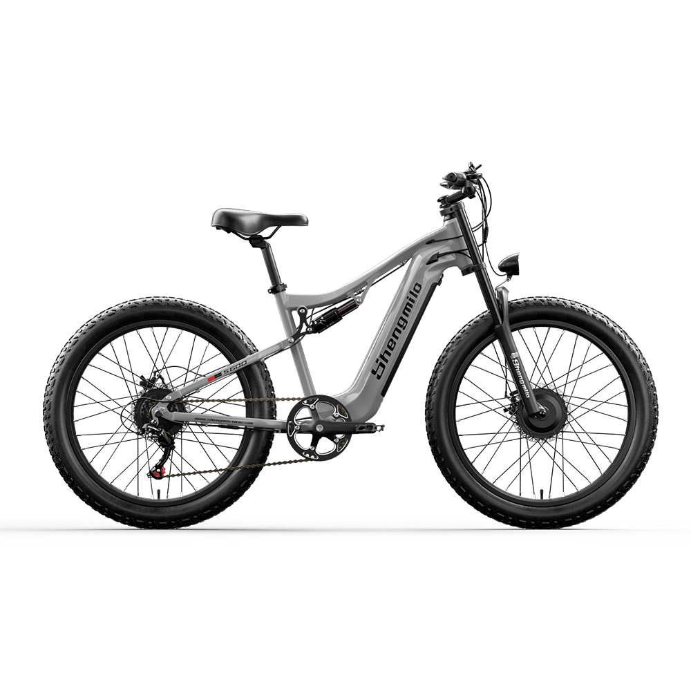 Graues E-Bike mit breiten Reifen und Federung, auf weißem Hintergrund.