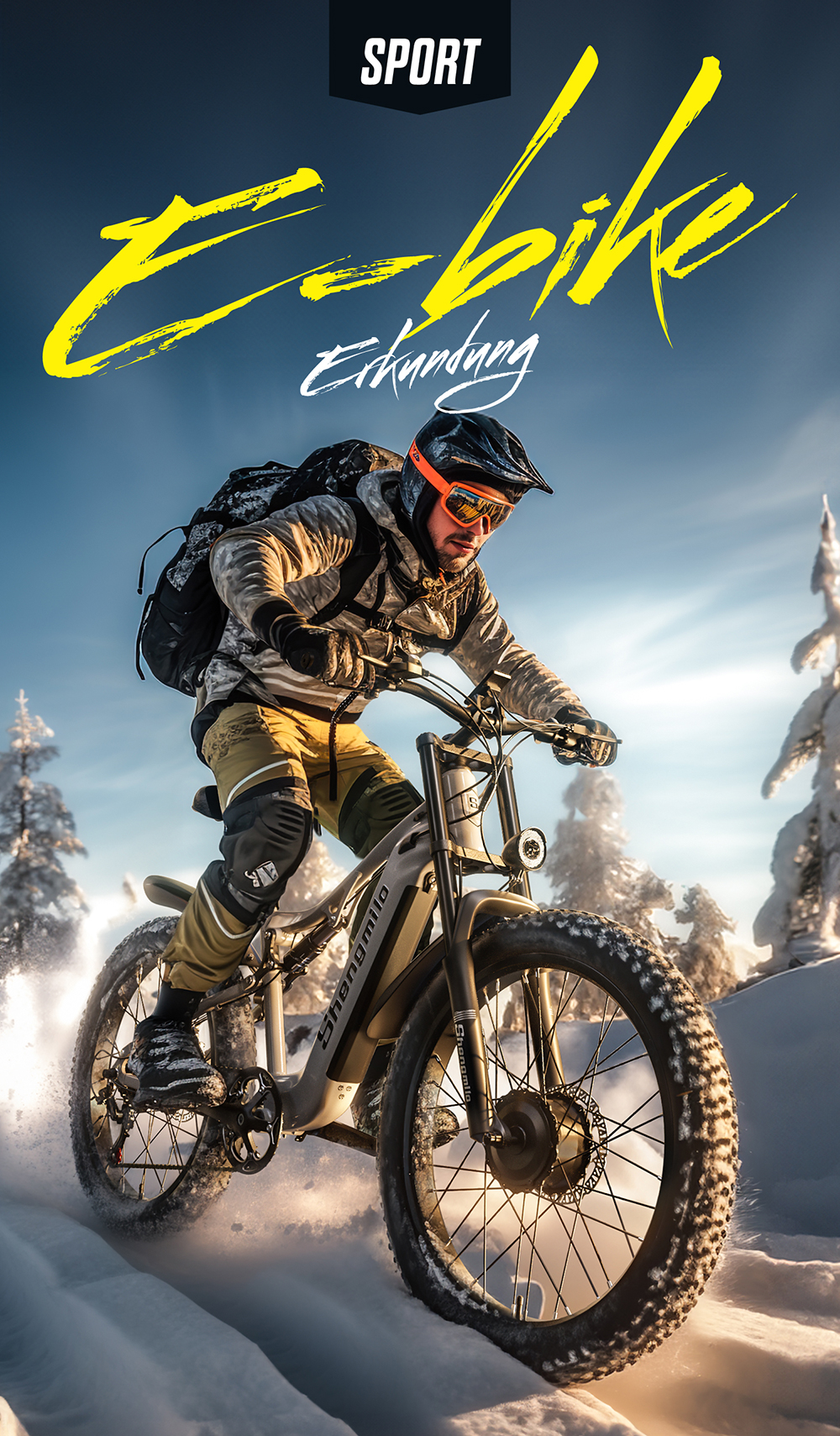 Ein Mann fährt mit einem E-Bike durch verschneite Bäume.