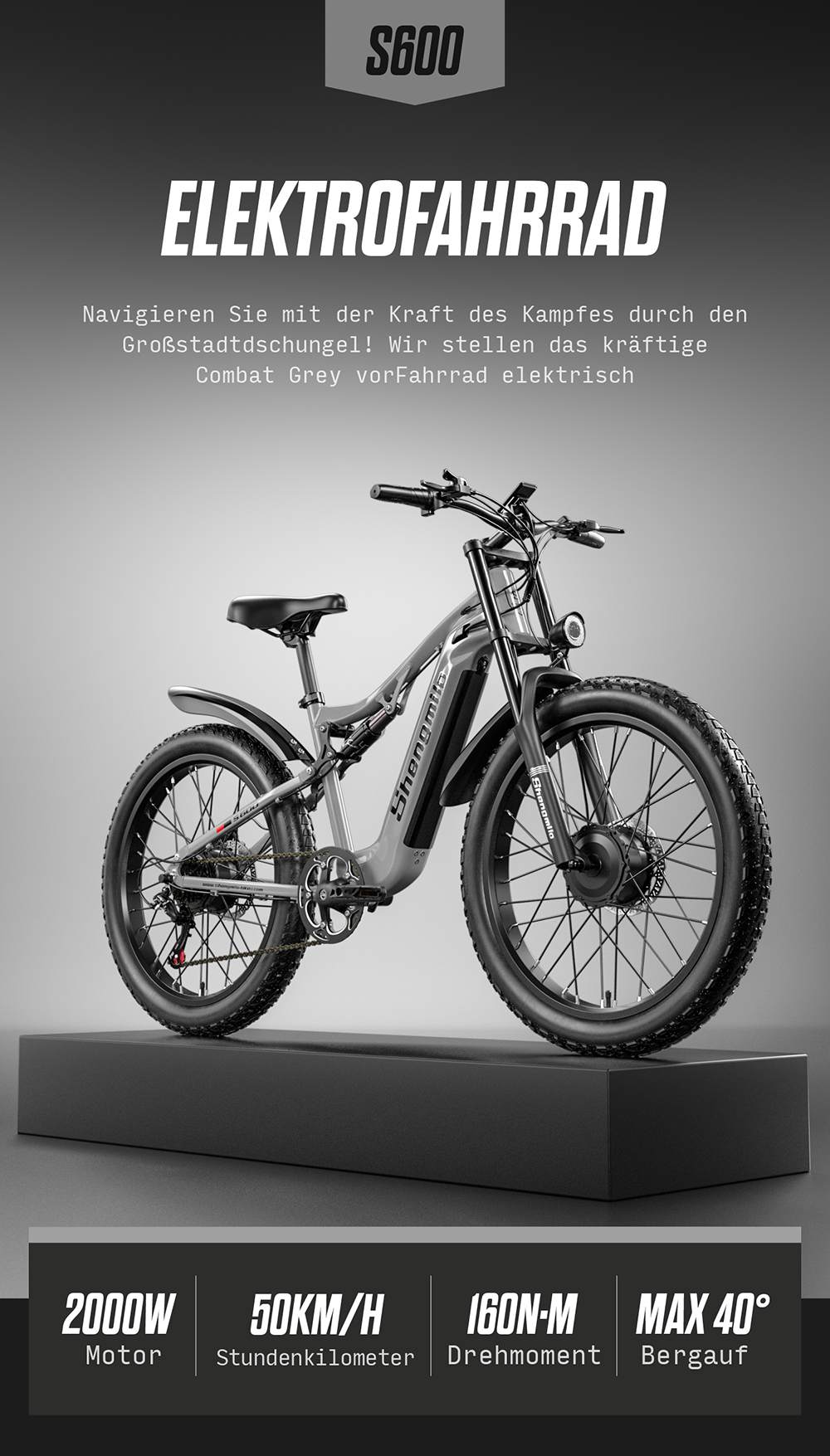 Graues Shengmilo Elektrofahrrad mit fetten Reifen, auf einem Sockel.