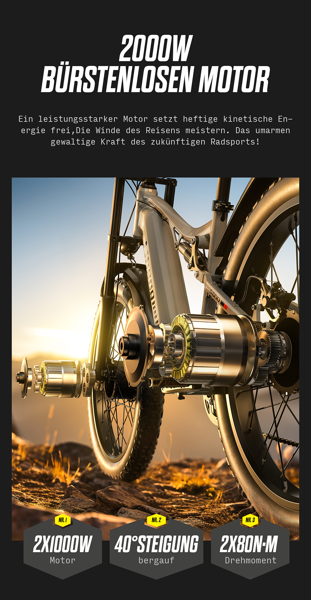 Detailansicht eines E-Bike-Motors mit Textfeldern: 2000W, 40° Steigung, 2x80N-M.