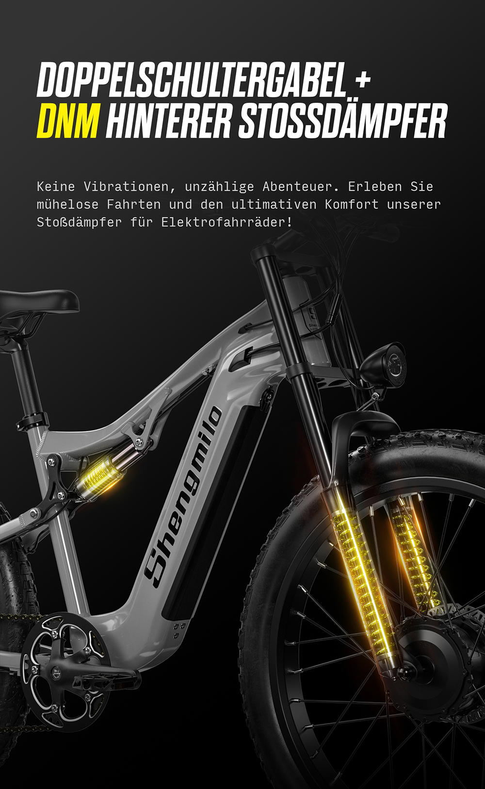 Graues E-Bike mit DNM Stoßdämpfern. Text oben: Doppel-Schultergabel.