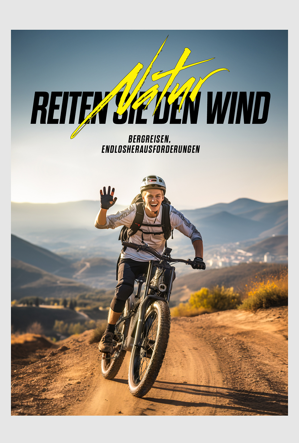 Ein Mann fährt auf einem E-Bike einen Bergpfad entlang, winkt.