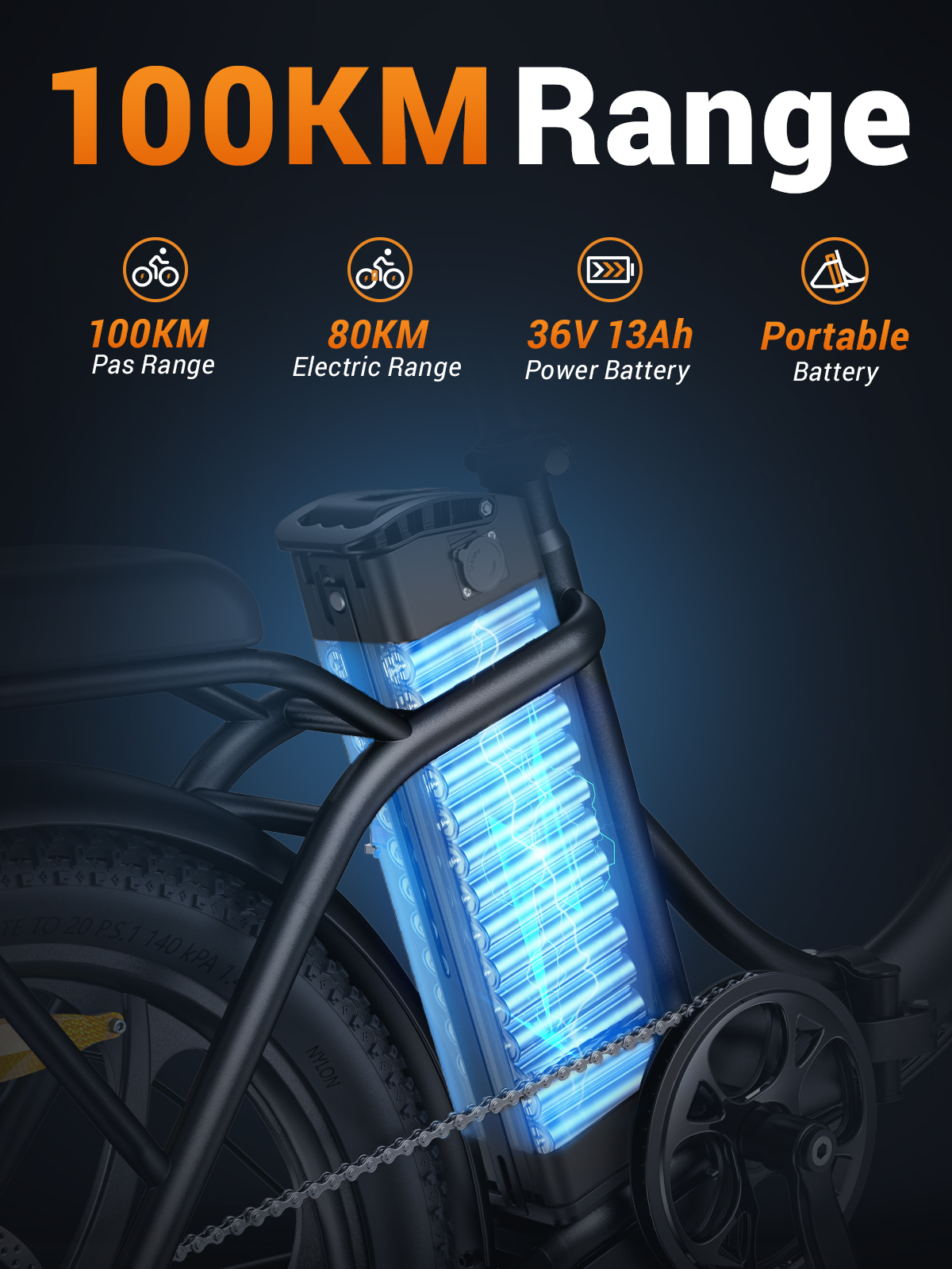 Bici elettrica con batteria luminosa, autonomia 100km, 36V 13Ah.