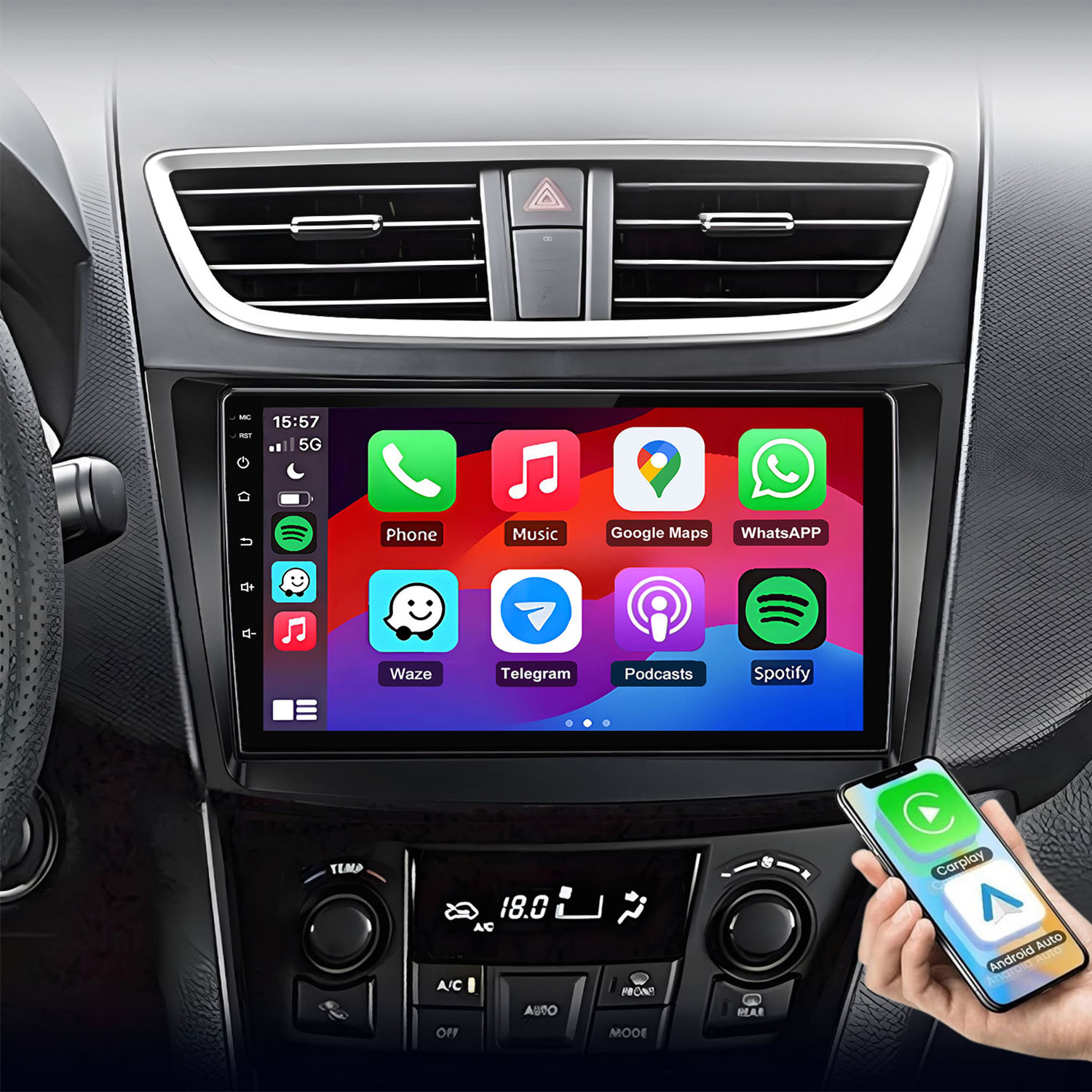 Autodashbord mit Infotainment-Bildschirm und Apps, Hand hält Telefon.
