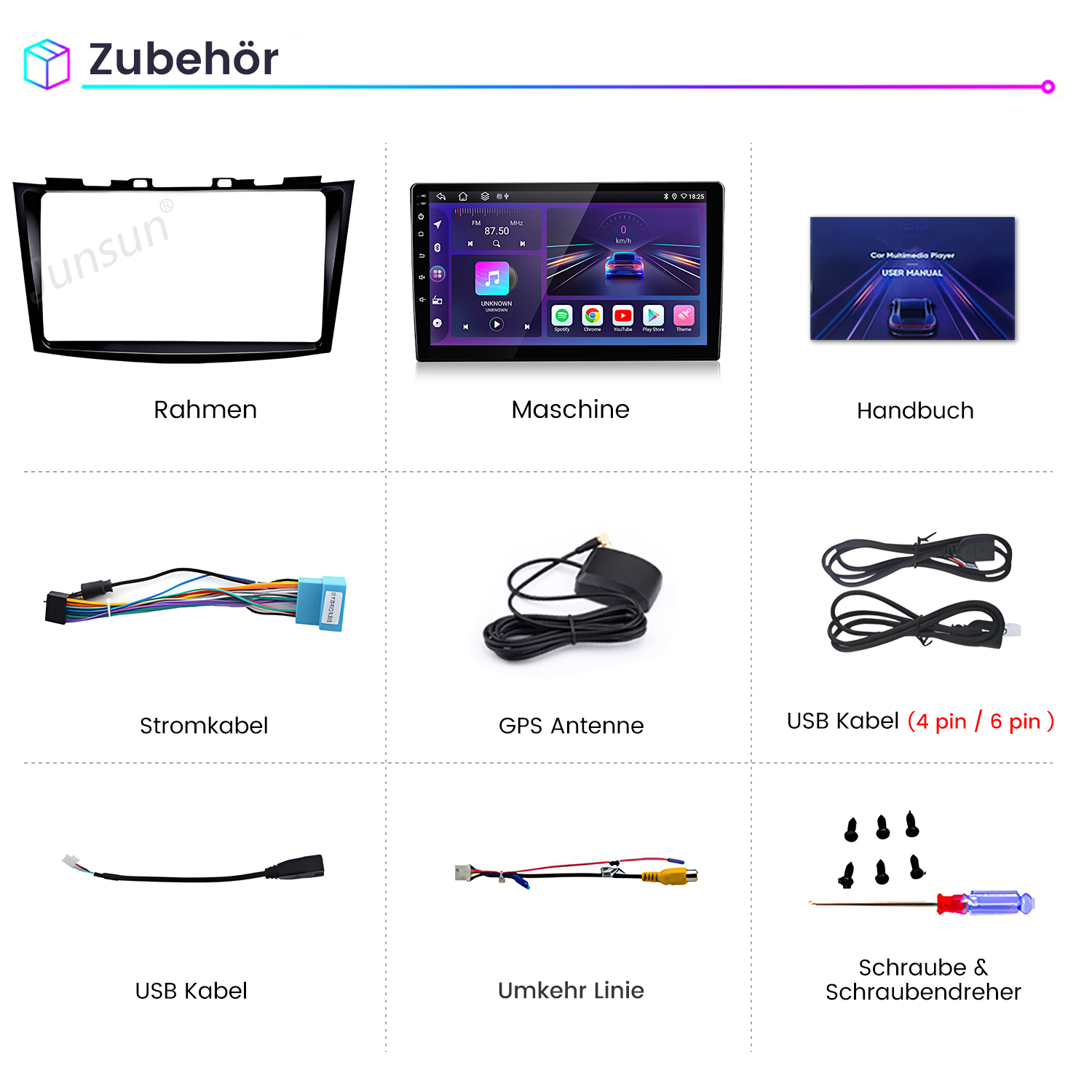 Zubehör: Rahmen, Maschiene, Handbuch, Stromkabel, GPS Antenne, USB Kabel, USB Kabel, Umkehr Linie, Schraubendreher