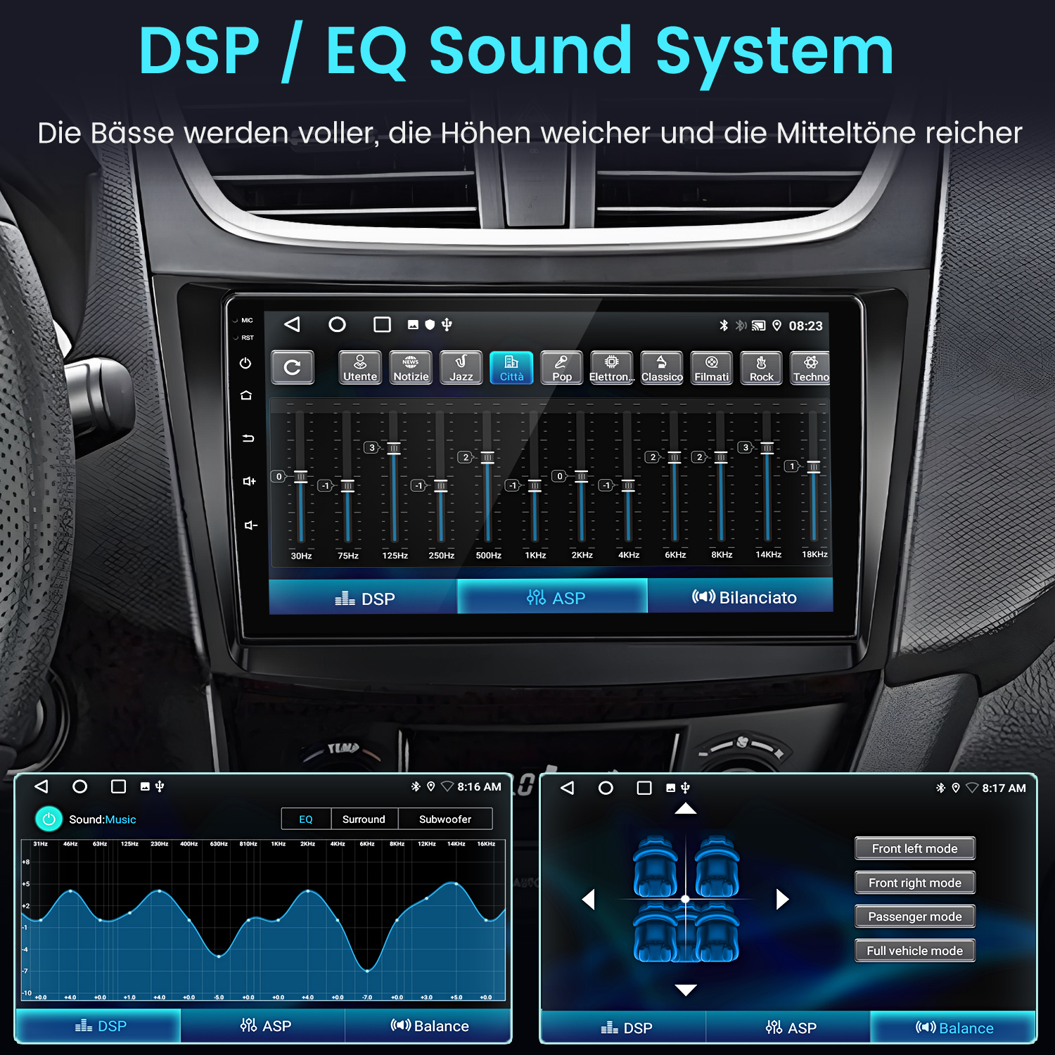 Ein Auto-Infotainmentsystem mit DSP/EQ-Einstellungen, Equalizer-Diagrammen und Lautsprechereinstellungen.