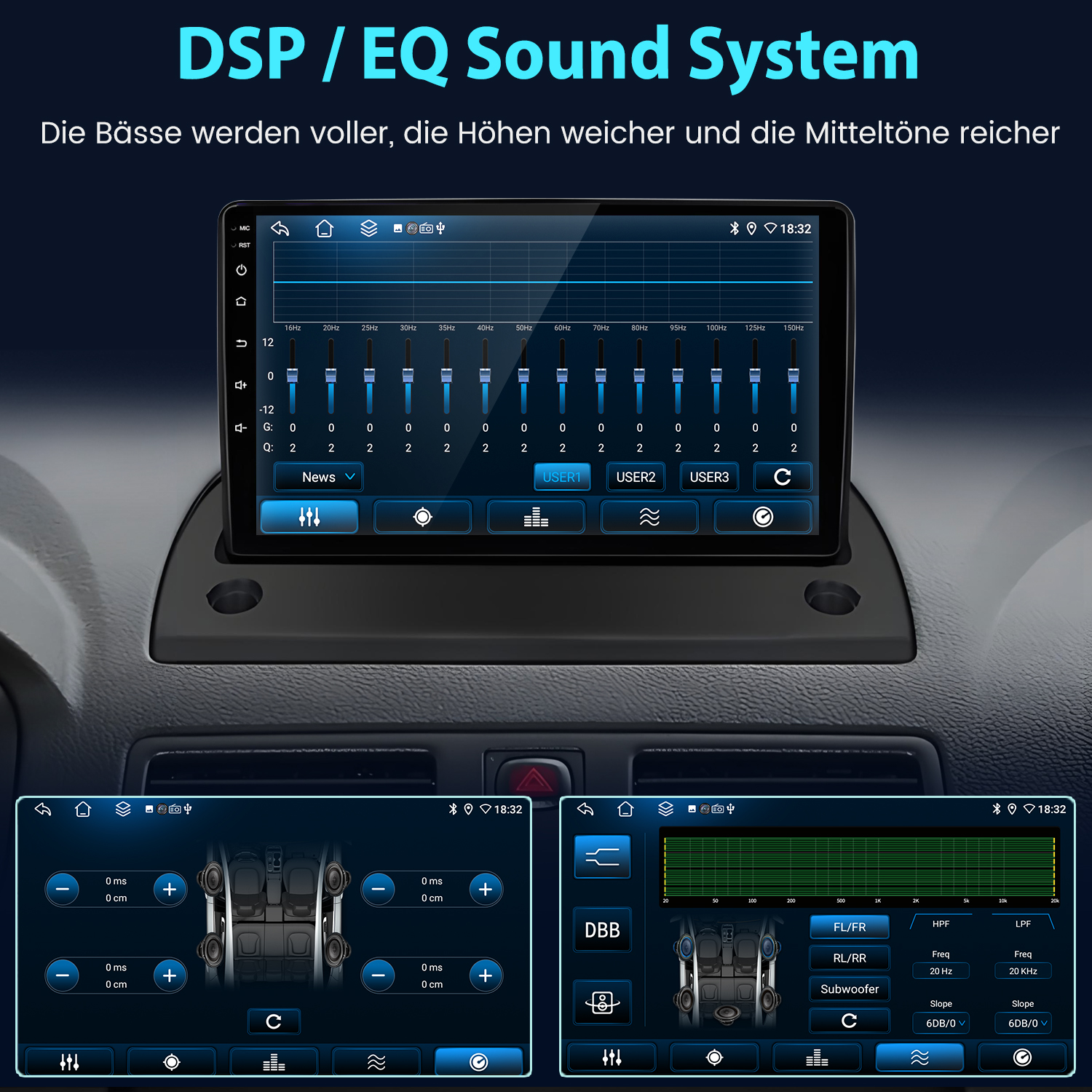 Autodisplay mit Equalizer- und Soundeinstellungen. Zeigt Frequenzbänder und Lautsprechereinstellungen.
