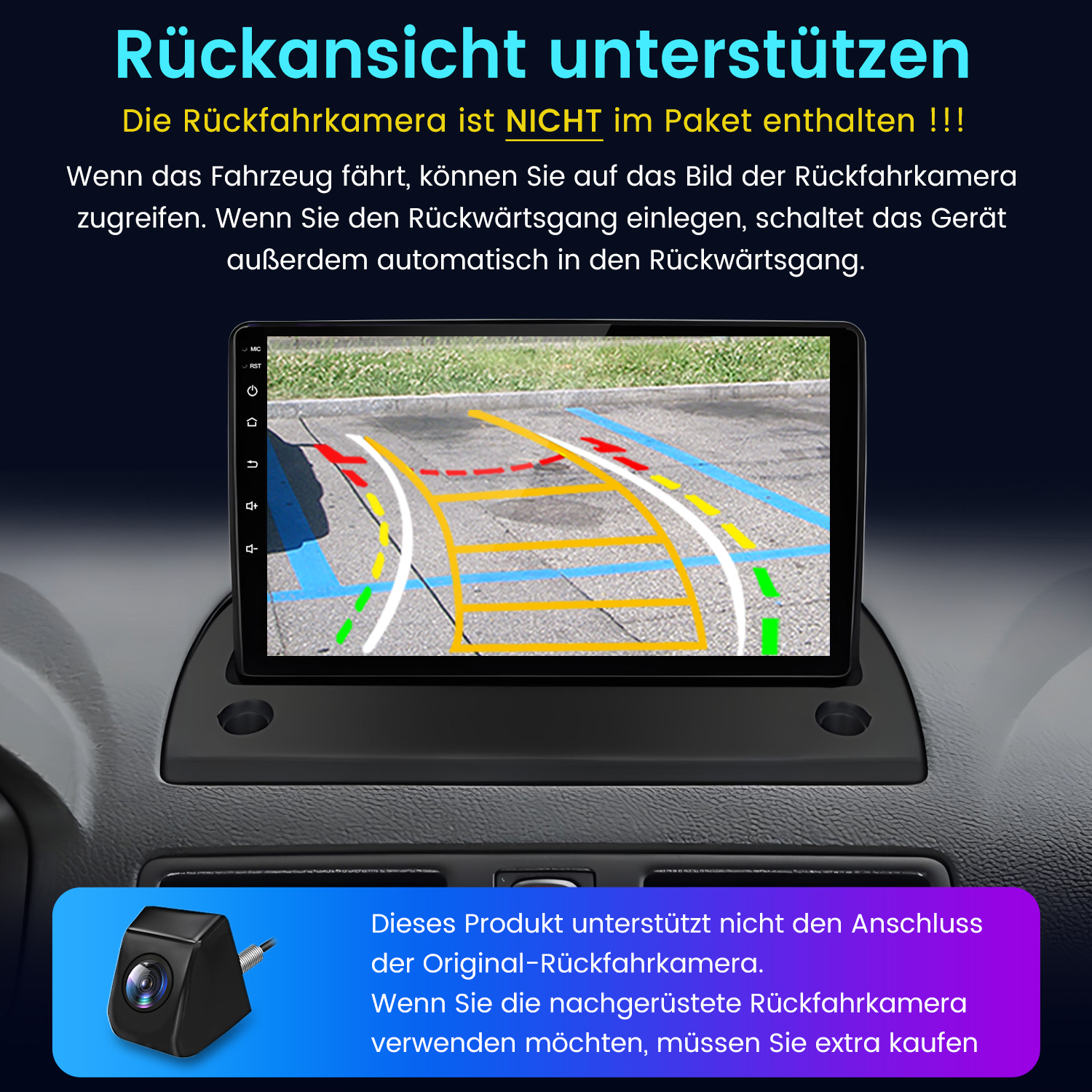 Ein Autoradio zeigt eine Rückfahrkameraansicht mit Parklinien und eine separate Kamera.