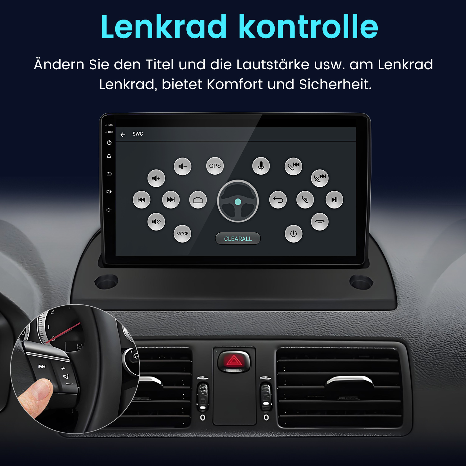 Ein Auto-Touchscreen zeigt Lenkradsteuerungssymbole. Ein Finger drückt eine Taste am Lenkrad.