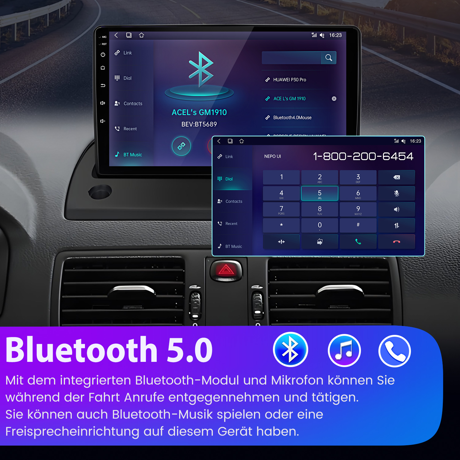 Ein Auto-Infotainmentsystem zeigt Bluetooth-Optionen und eine Tastatur.