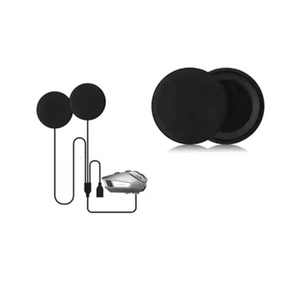 Zwei schwarze Ohrhörer mit Kabel und ein kleines graues Gerät.