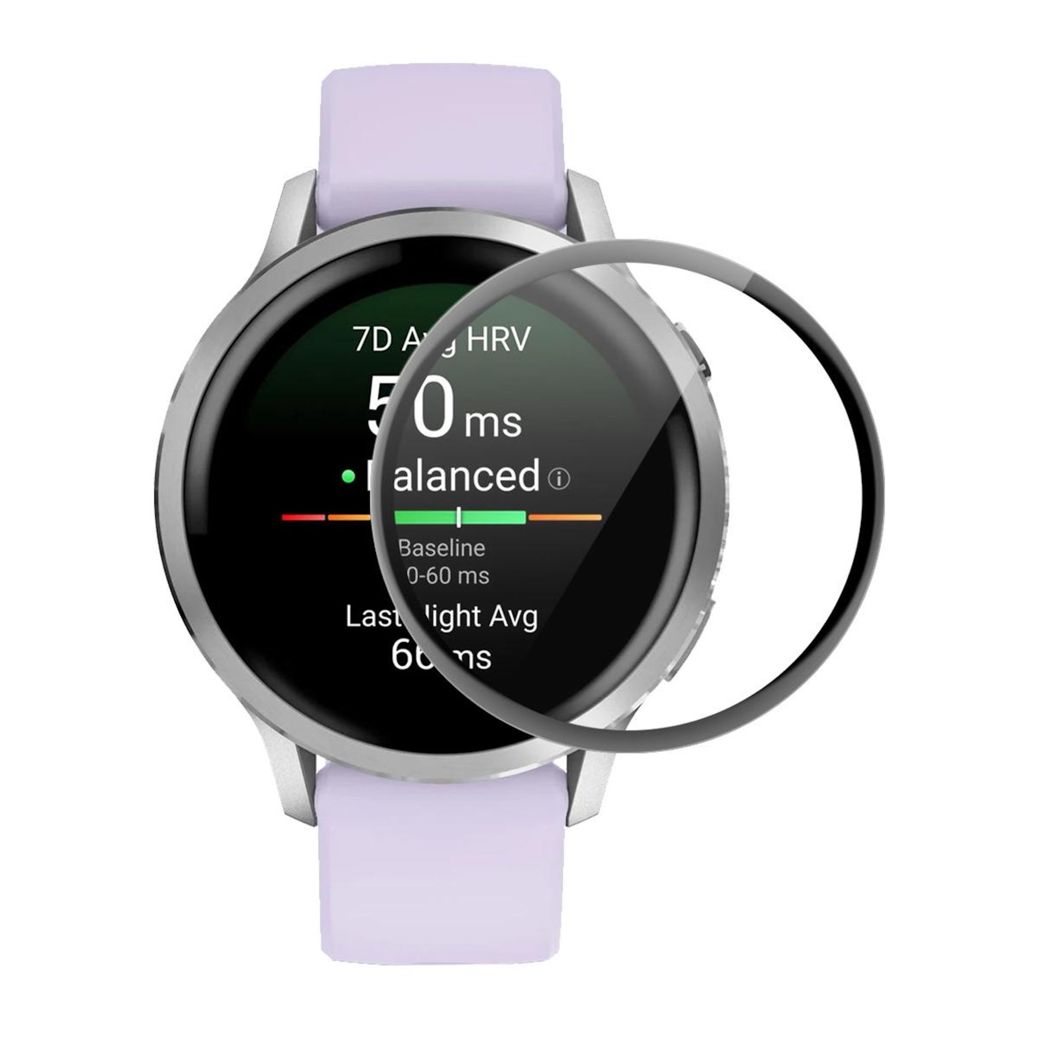 Ein silbernes Smartwatch-Display zeigt HRV-Daten und den Schlaf-Durchschnitt an.