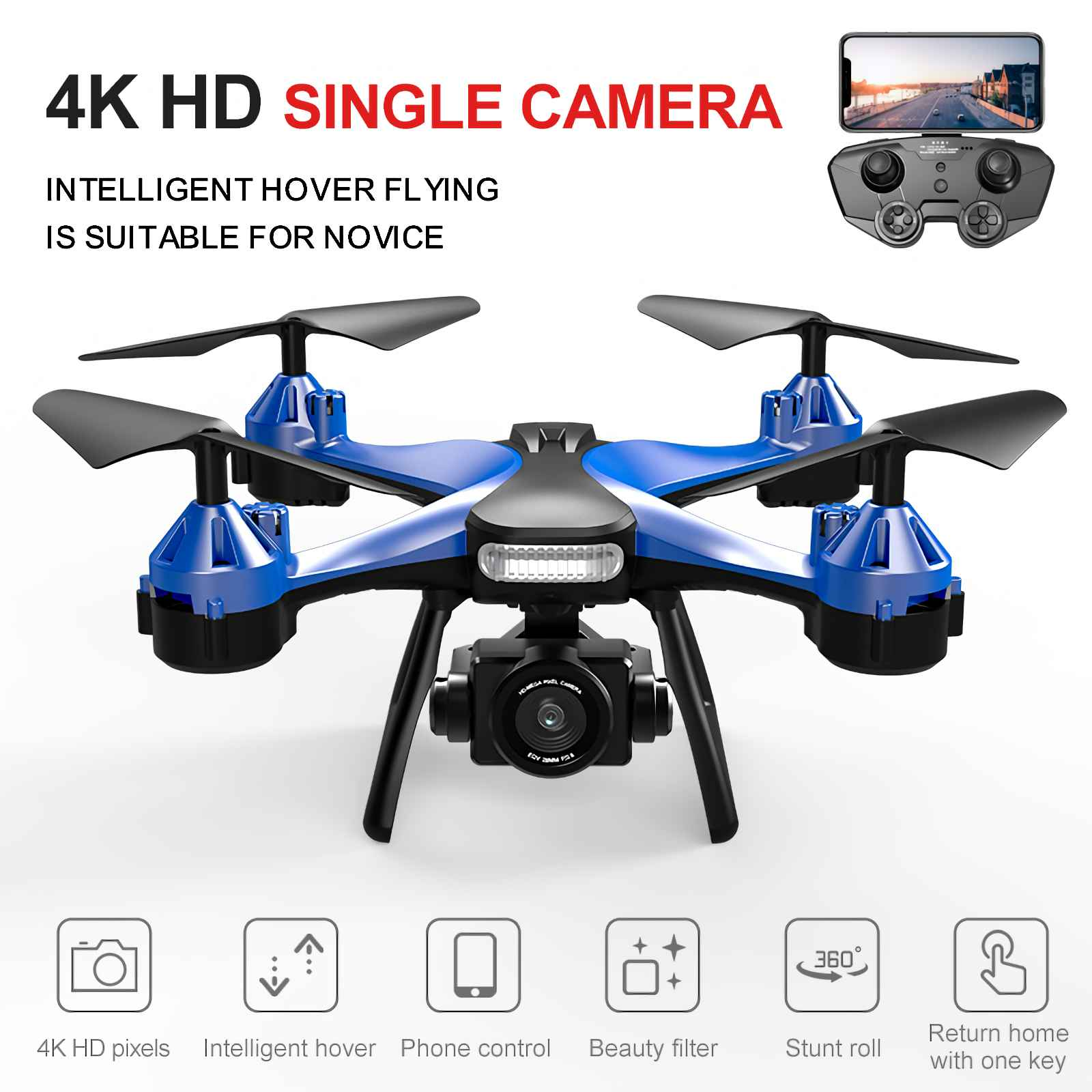 Blauer Quadrocopter mit Kamera und Fernbedienung. 4K HD Single Camera.
