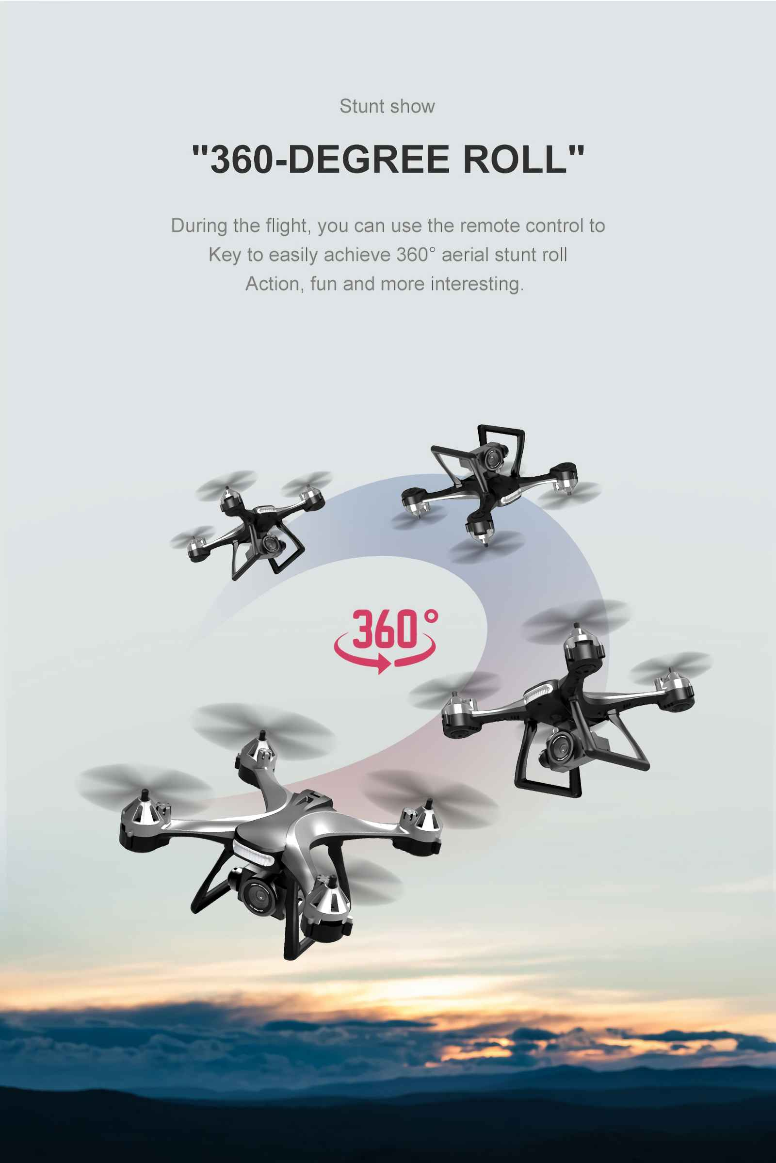 Vier Drohnen fliegen am Himmel, eine führt einen 360-Grad-Roll aus.