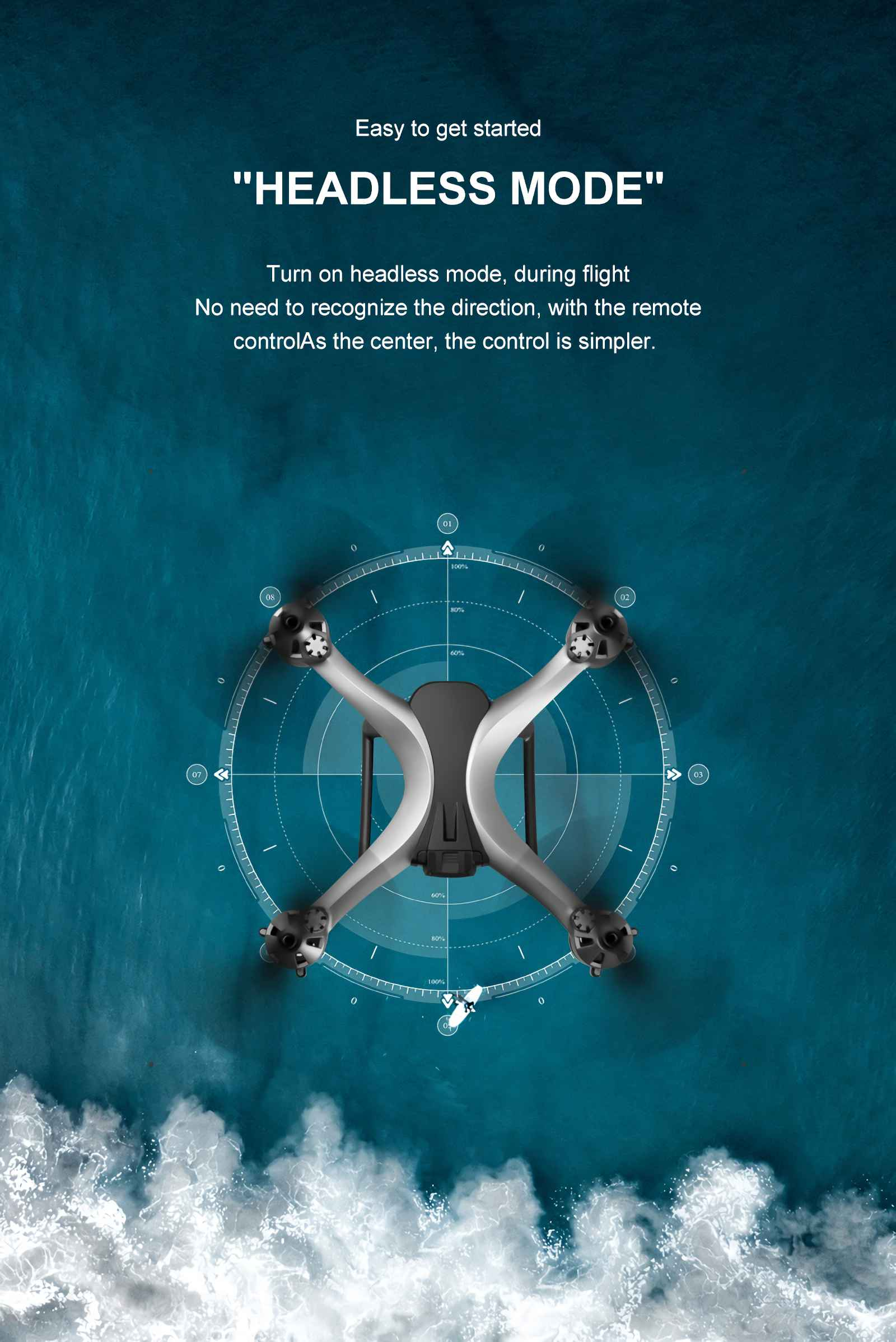 Drohne im Flug über dem Meer mit Steuerkreis-Overlay