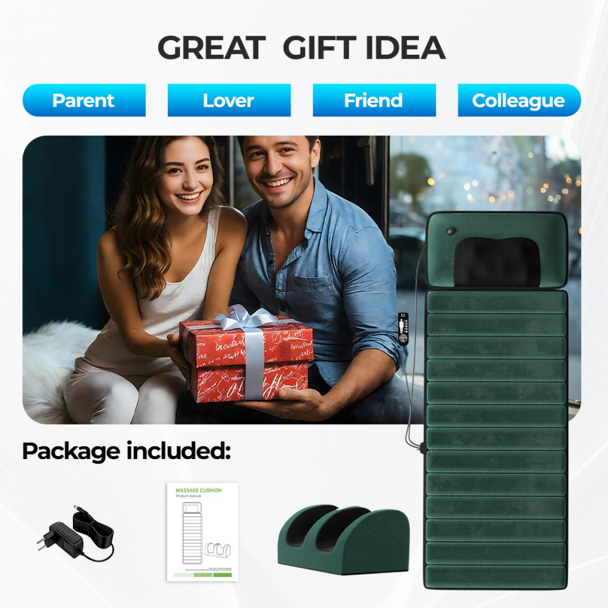 Ein lächelndes Paar hält ein Geschenk. Rechts daneben ist eine grüne Massagematte mit Fernbedienung.