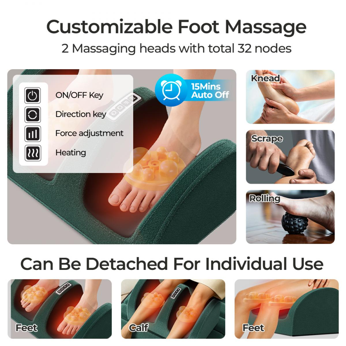 Fußmassagegerät mit 32 Knoten, 15 Min. Timer. Zeigt Kneten, Schaben, Rollen.