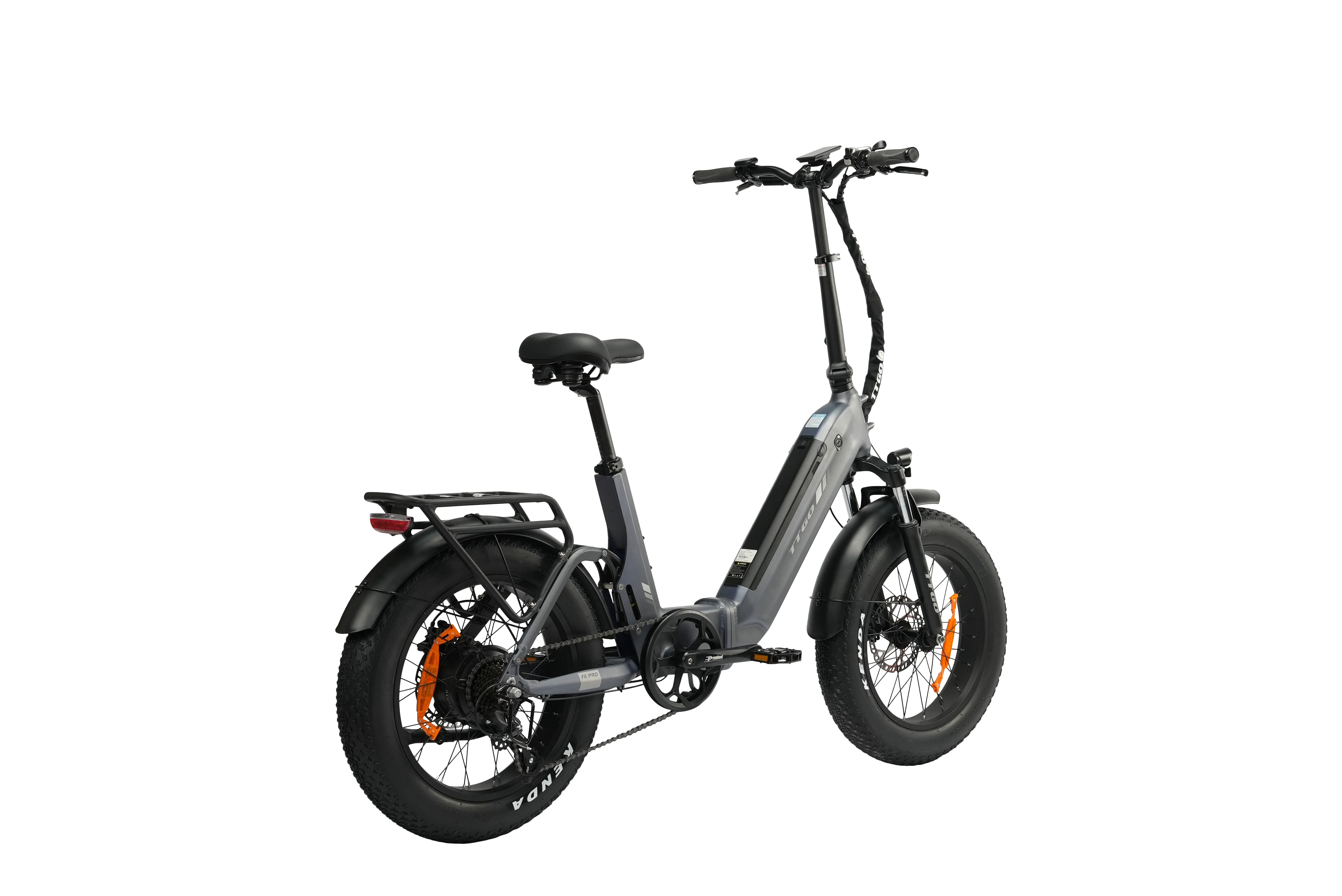 Graues E-Bike mit dicken Reifen, Gepäckträger und orangen Akzenten.