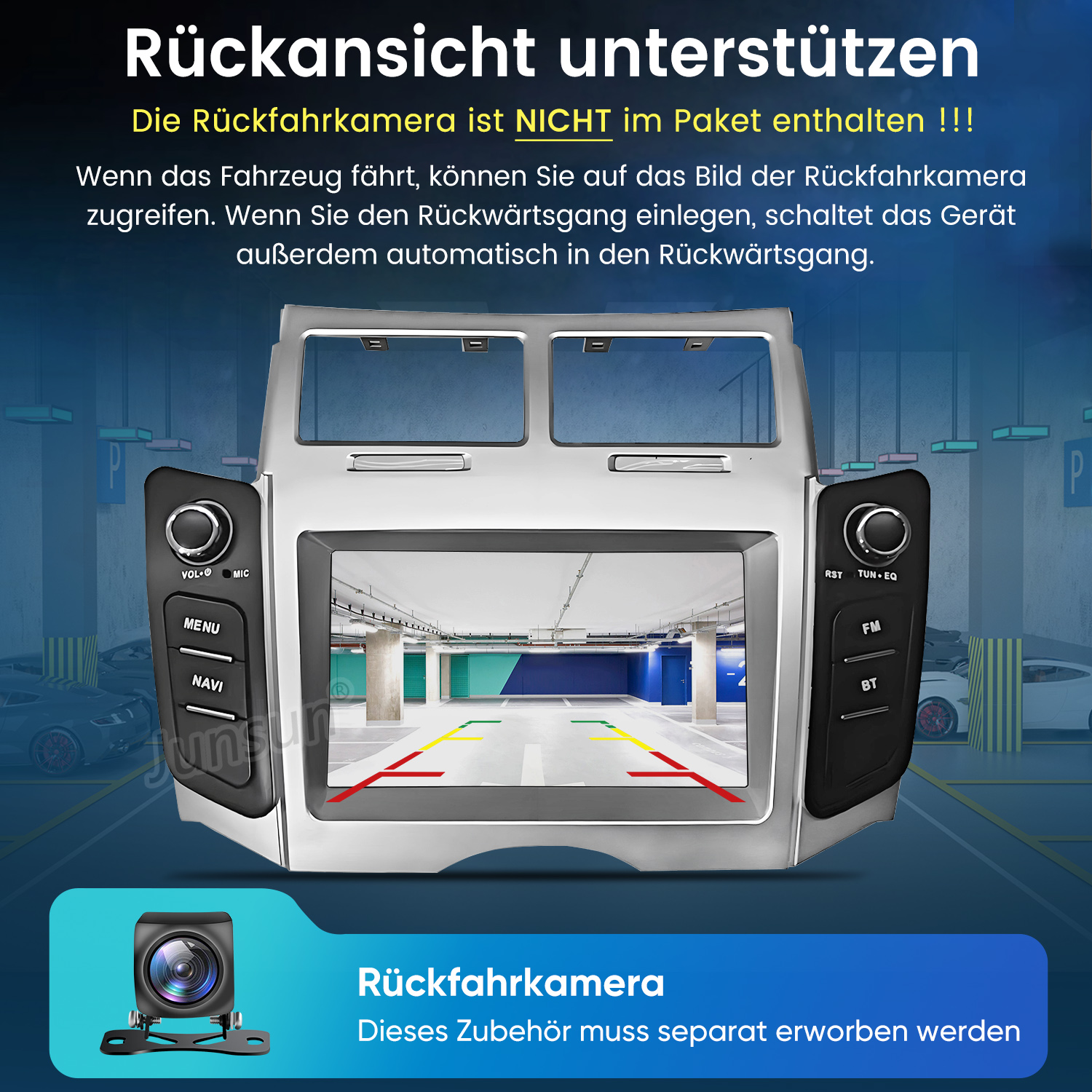 Ein Autoradio mit Rückfahrkamera-Anzeige und separater Kamera.