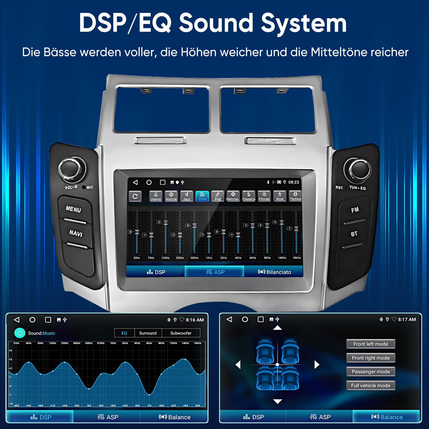Auto-Audiosystem mit Touchscreen, Equalizer und Sound-Einstellungen.