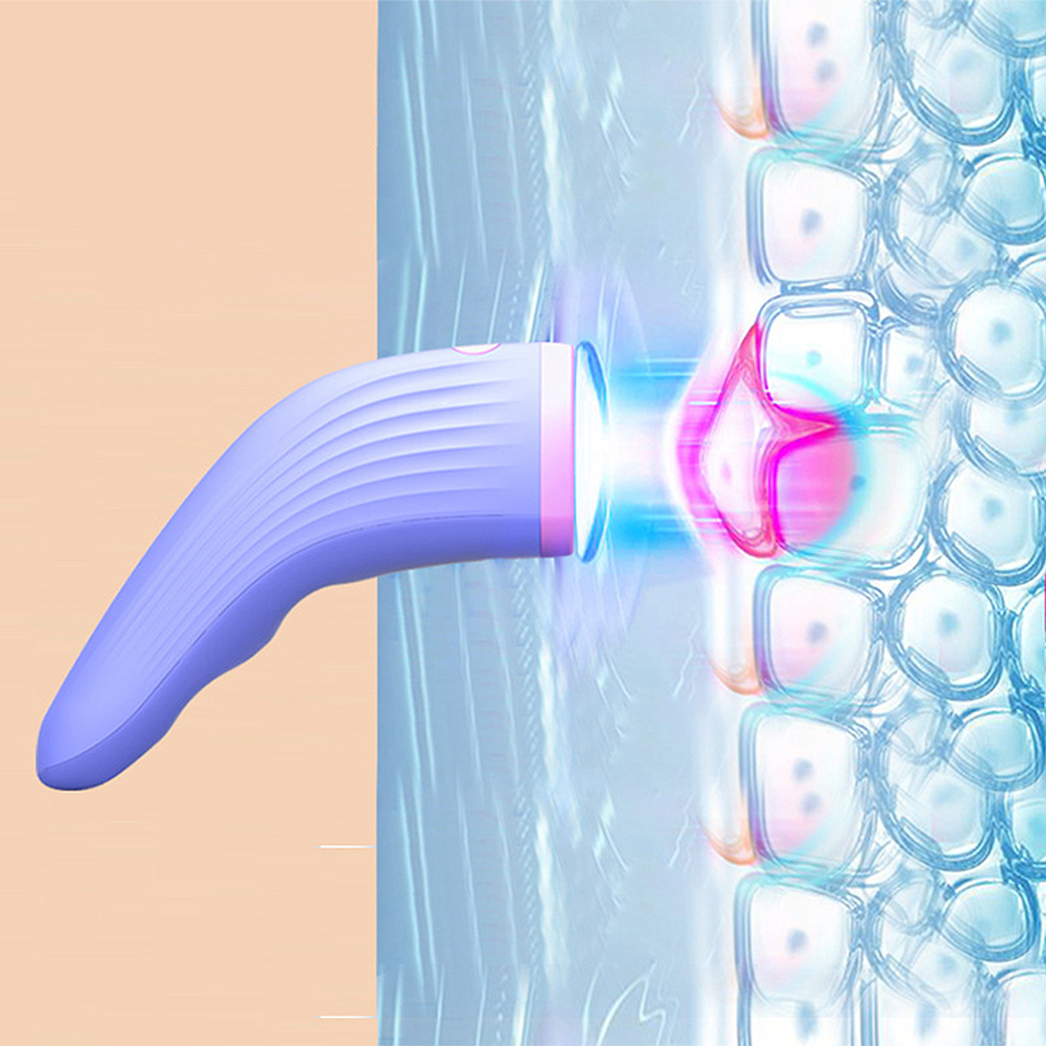 Un dispositivo viola che emette raggi di luce su una struttura di cellule cutanee.