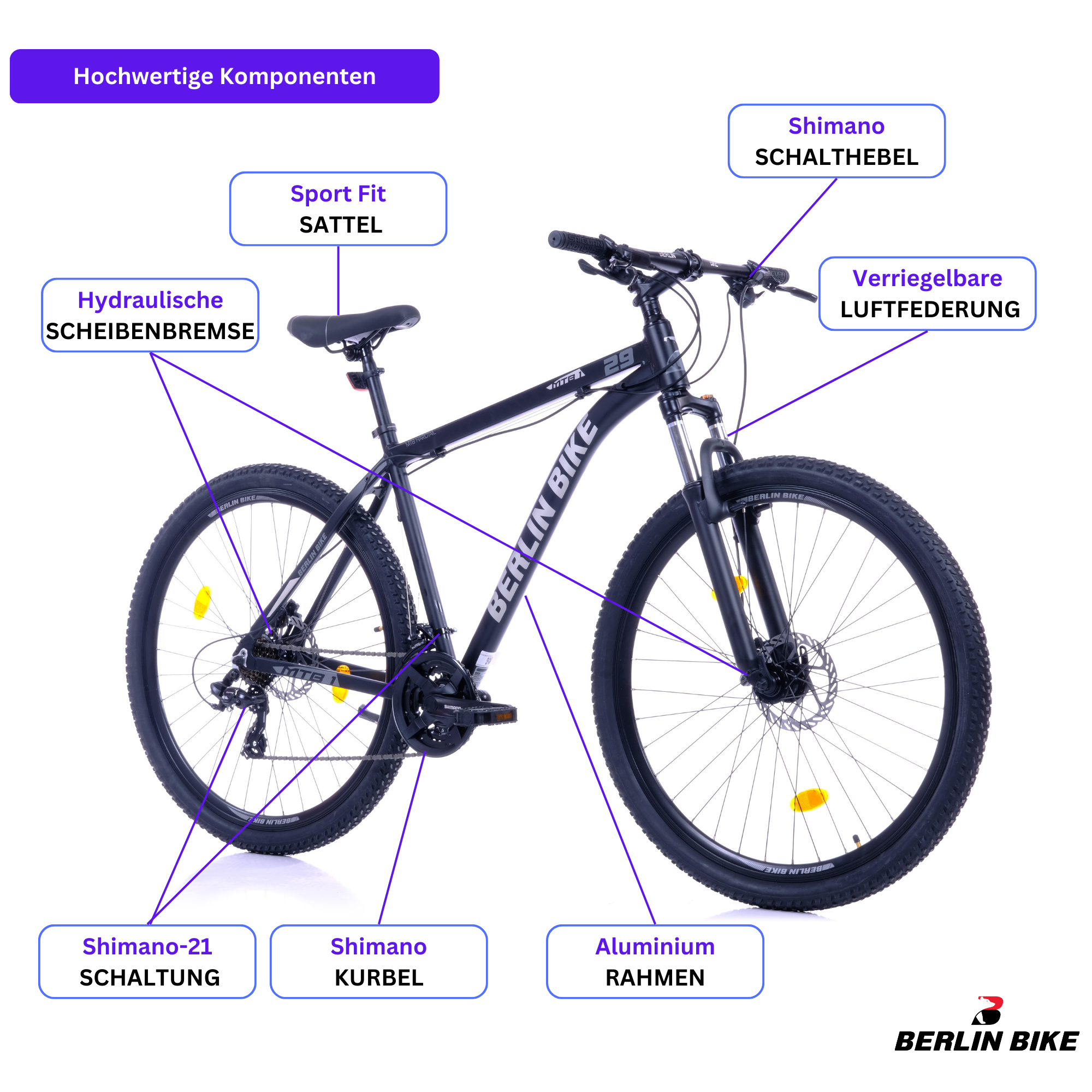 Ein schwarzes Mountainbike mit Beschriftungen für Komponenten wie hydraulische Scheibenbremsen.