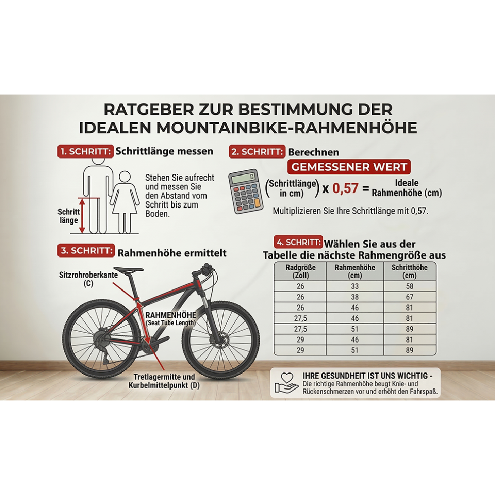 Anleitung zur Bestimmung der idealen Mountainbike-Rahmenhöhe mit Schrittlängenmessung und Tabelle.