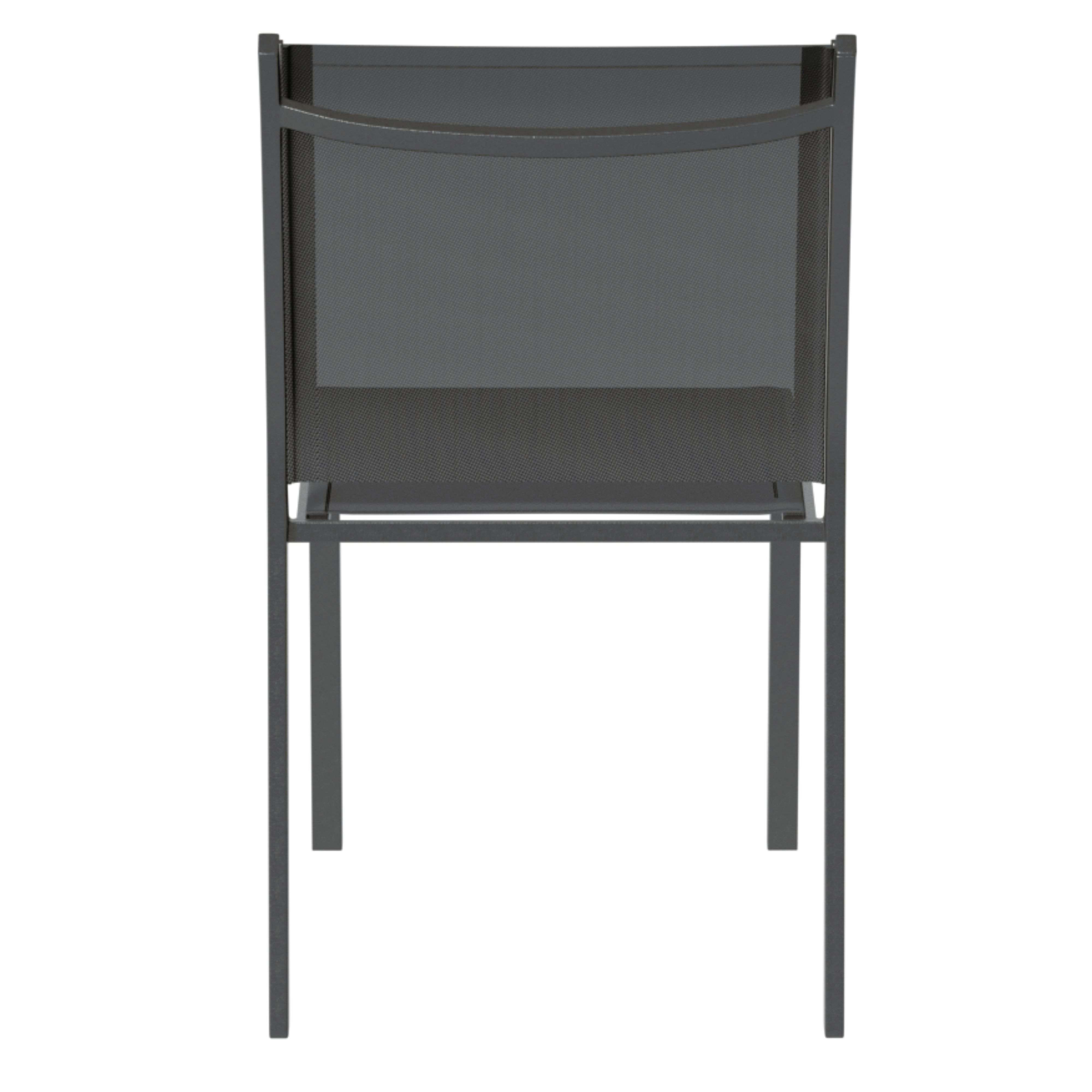 Una silla moderna y oscura con estructura de metal y asiento/respaldo de malla.