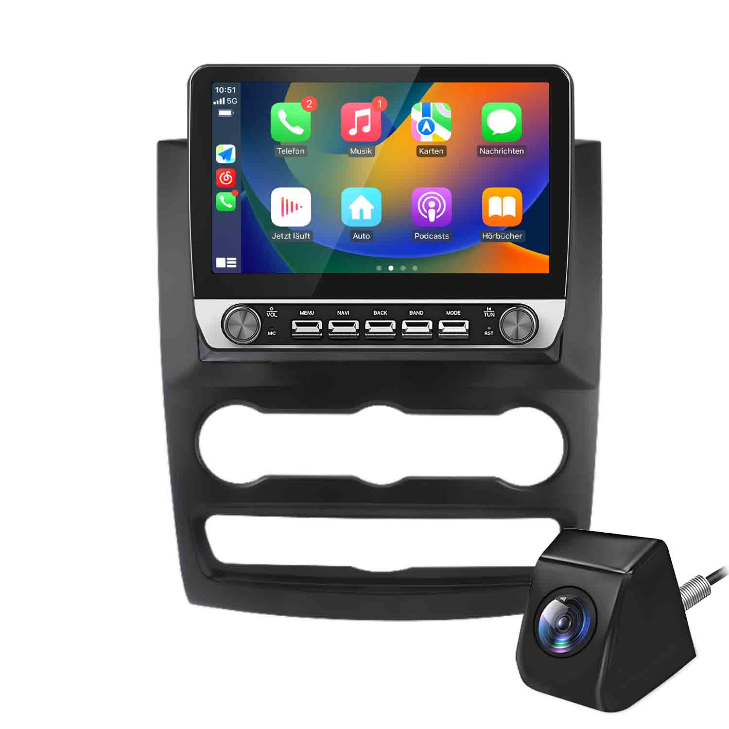 Ein Autoradio-Display mit Apps und einer Rückfahrkamera.
