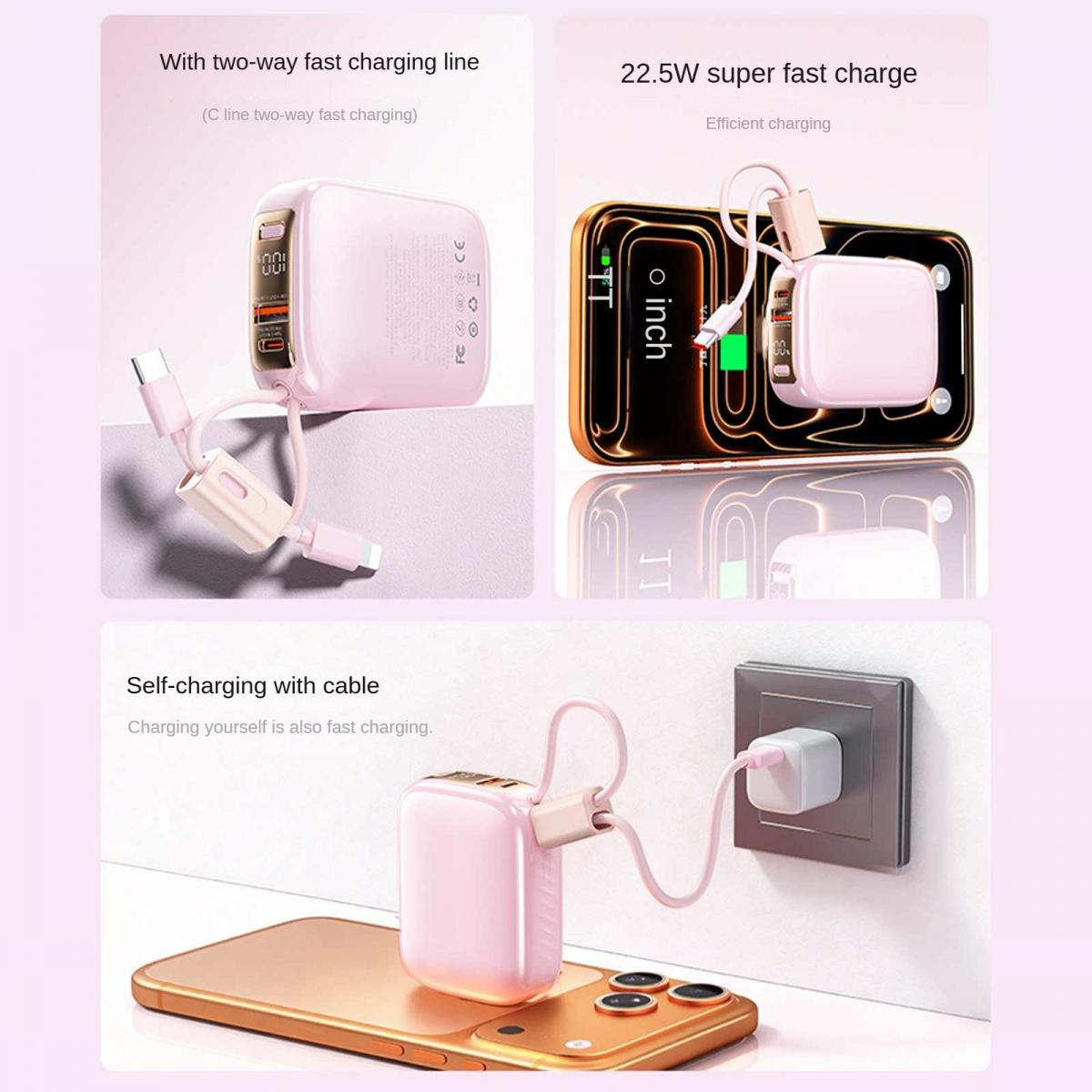 Pinke Powerbank mit Kabeln, lädt ein Handy und ist in die Wand eingesteckt.