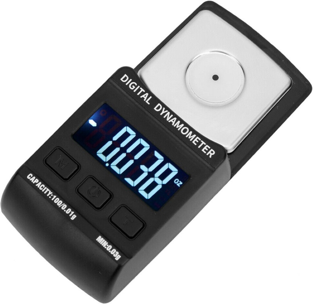 Una bilancia digitale nera che mostra 0,038 oz sul suo schermo LCD blu.