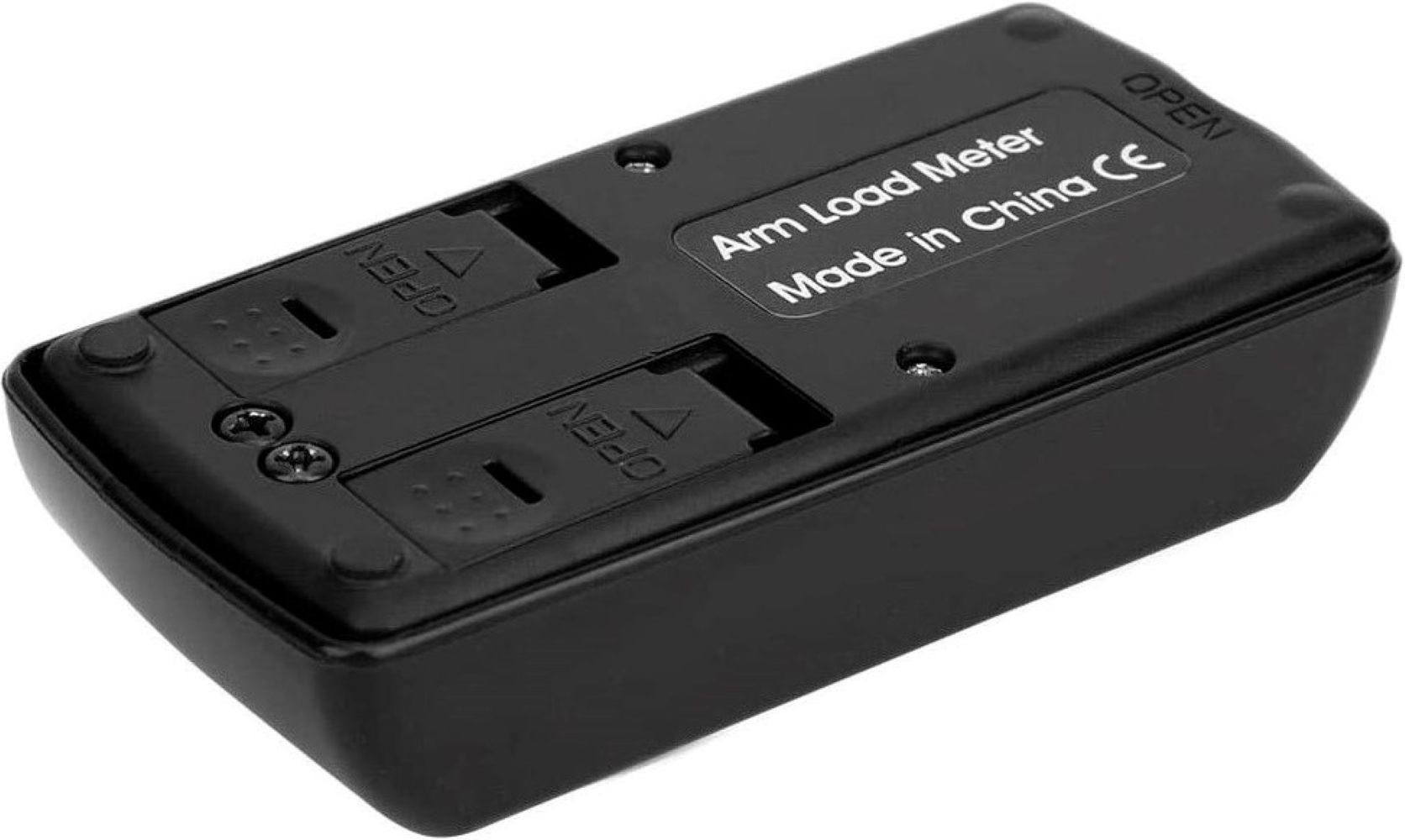 Un dispositivo nero etichettato 'Arm Load Meter' con due fessure 'OPEN'.